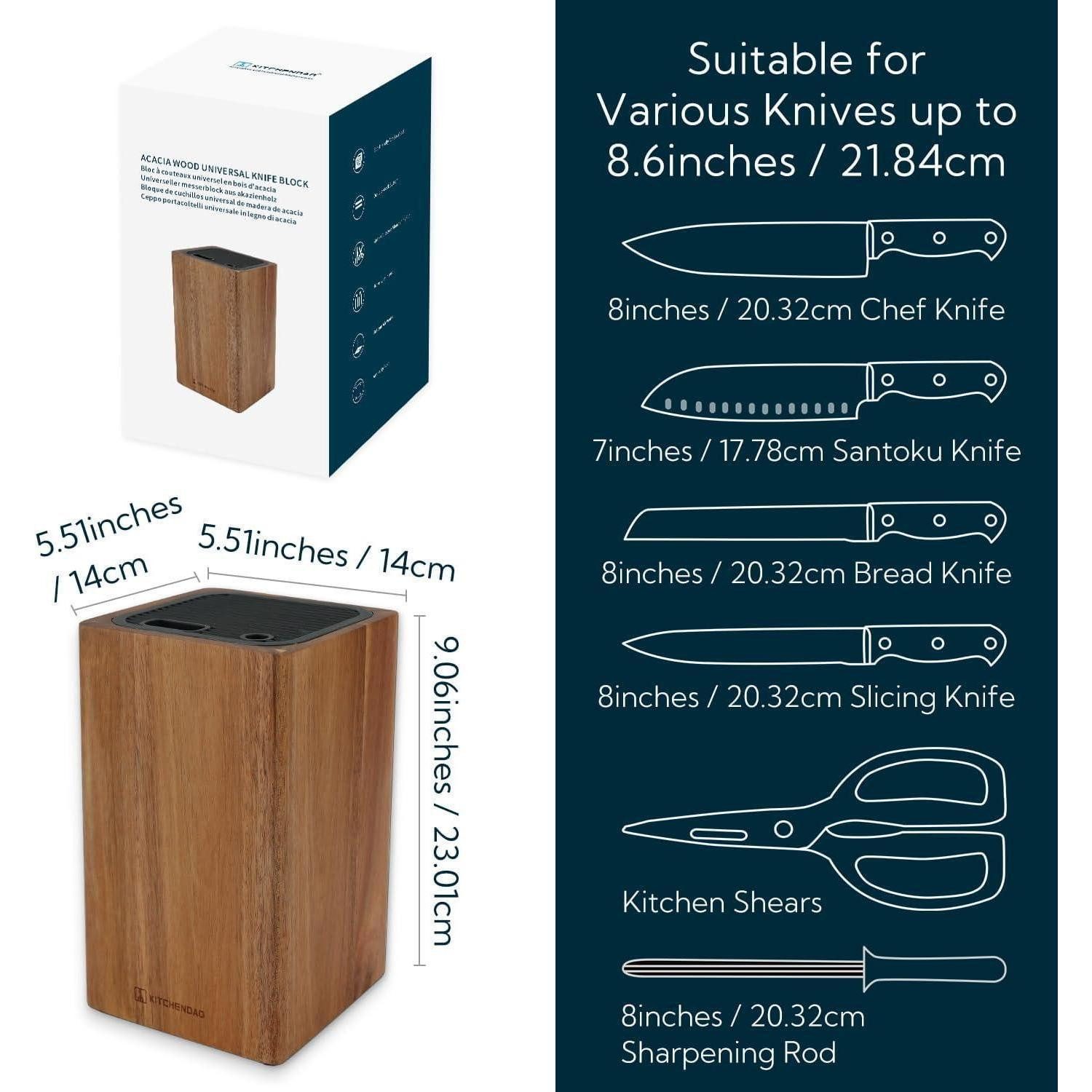 KITCHENDAO Messerblock Akazienholz-Messerblock mit Schlitzen für Schere und Wetzstab