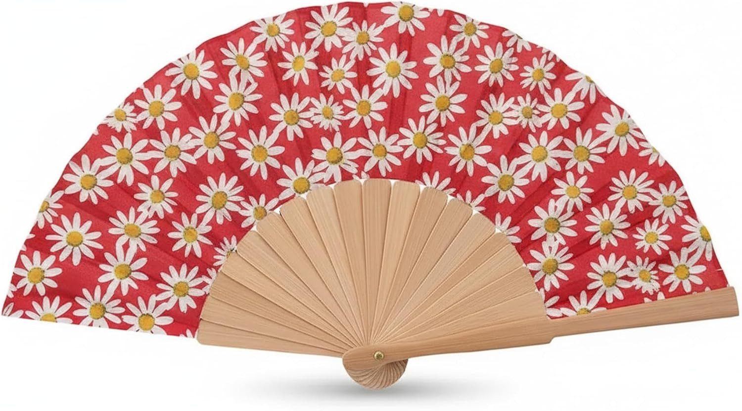LK Trend & Style Handfächer Margeriten Blumenmuster Holzstäbe, (Für Festival & Hochzeit, Sommerliches Accessoire, Für Büro & Unterwegs, 1-tlg., ca. 21 x 40 cm, Faltbar, Farbenfroh), Ventilator aus der Handtasche