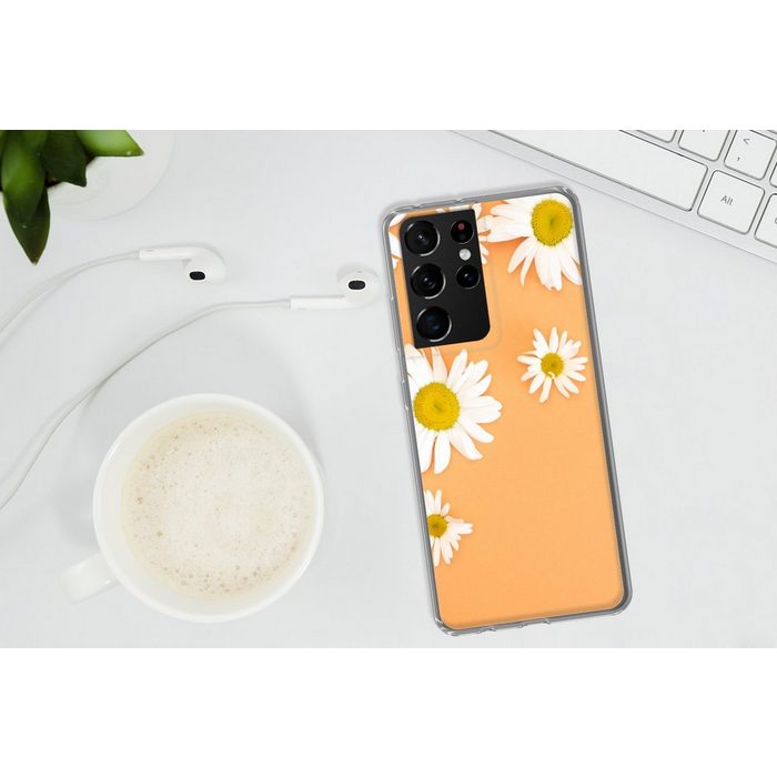 MuchoWow Handyhülle Kamillenblüten auf Orangenboden Phone Case Handyhülle Samsung Galaxy S21 Ultra Silikon Schutzhülle CB11602