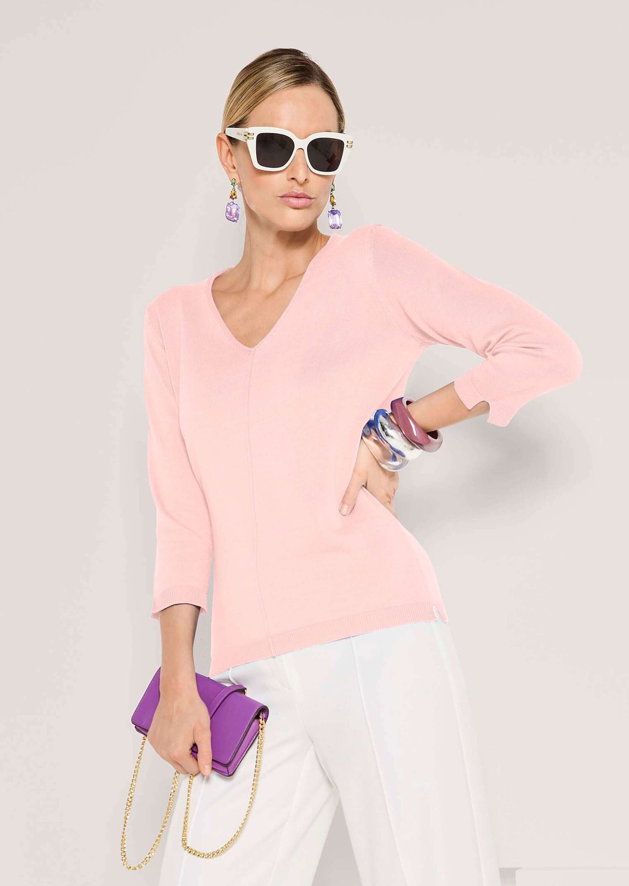 MADELEINE Strickpullover Schlichter Baumwollpullover mit V-Ausschnitt Basicshirt mit Ziernaht, Rippenblenden und Langarm