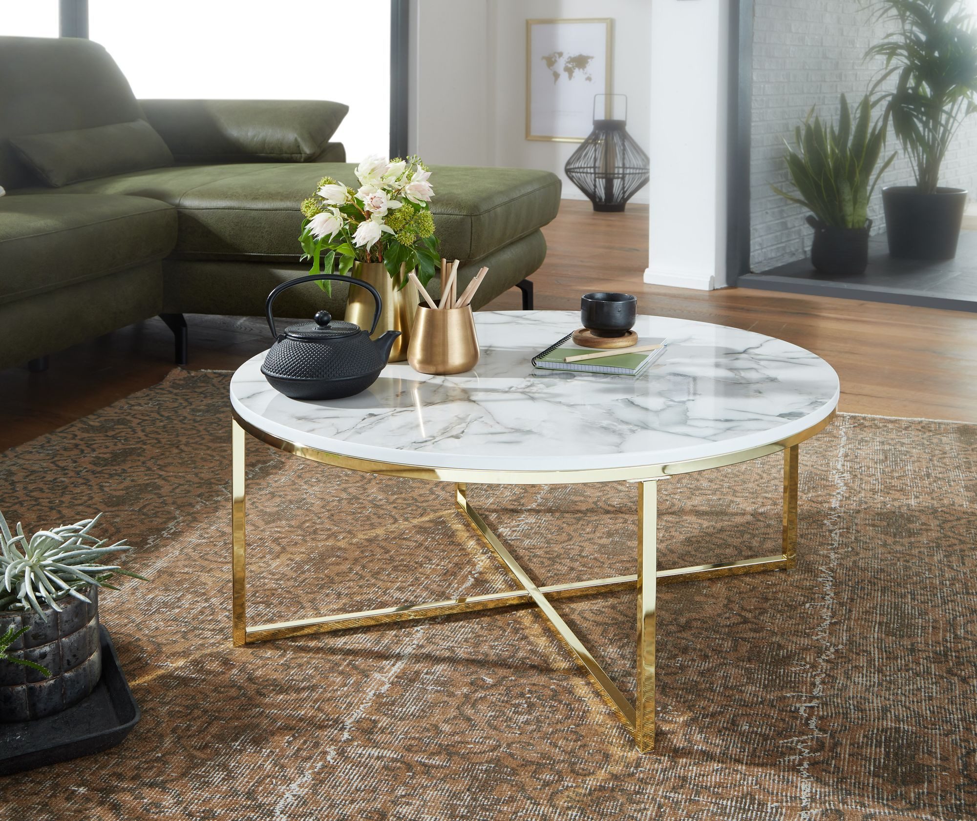 furnicato Couchtisch Runder Sofatisch 80x80 cm Weiß Marmor-Optik Gold (1-St)