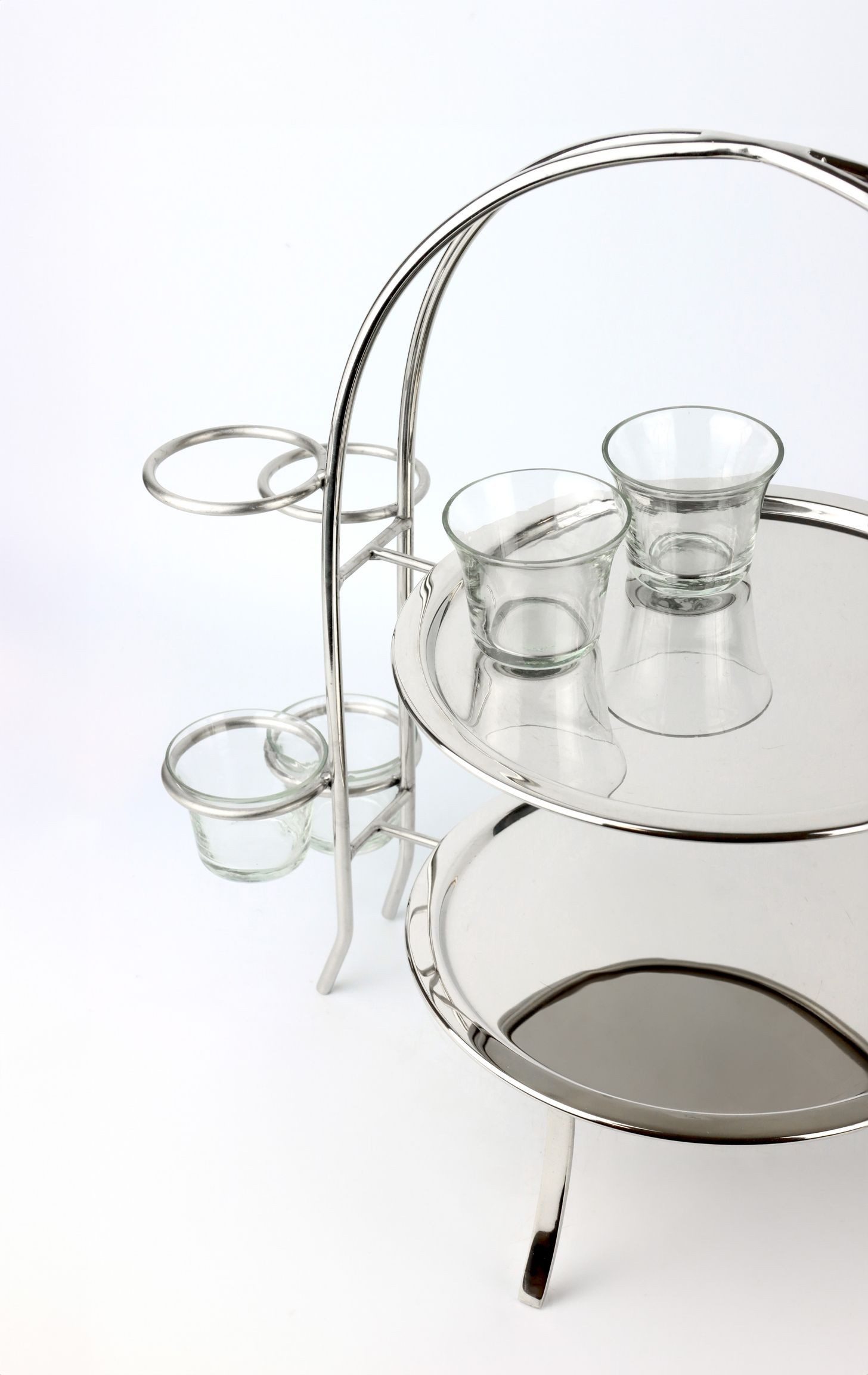 FURNARO Etagere TABLE, Edelstahl vernickelt, Glas, zweistöckig mit acht Gläschen aus vernickelten Edelstahl ca. 43cm