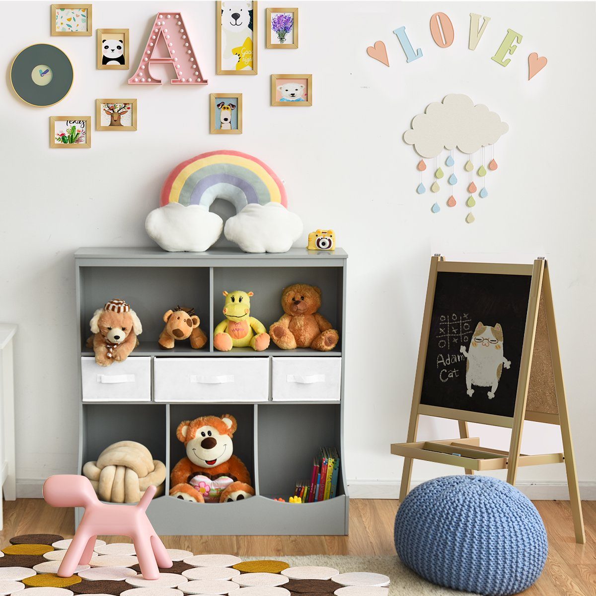 COSTWAY Bücherregal, Kinder, 3 Ebenen, mit 5 Regalfächern & 3 Schubladen