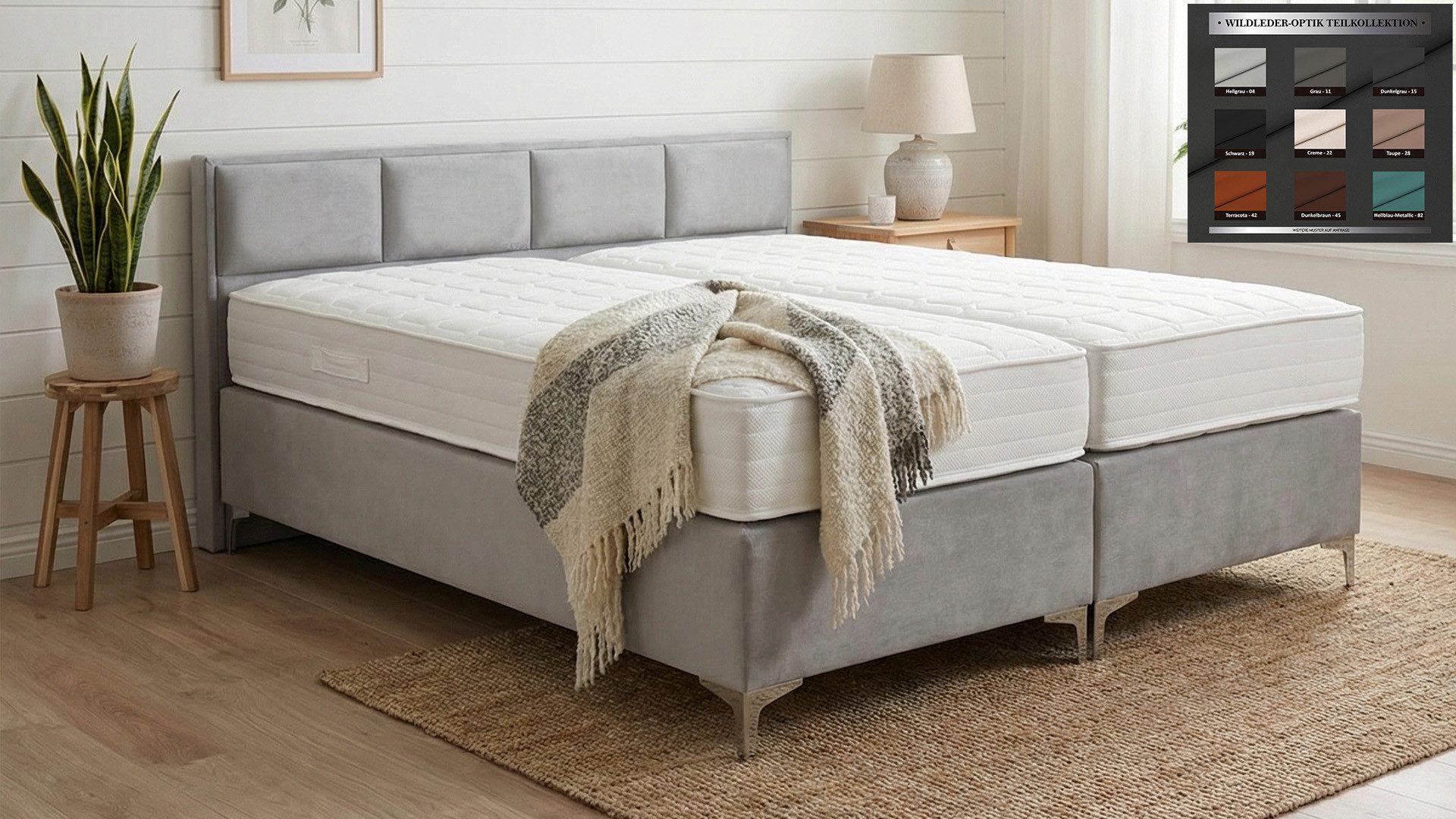 PAARA Boxspringbett mit niedrigem Kopfteil mit Matratze mit integrierten Topper, mit innovativem Belüftungssystem