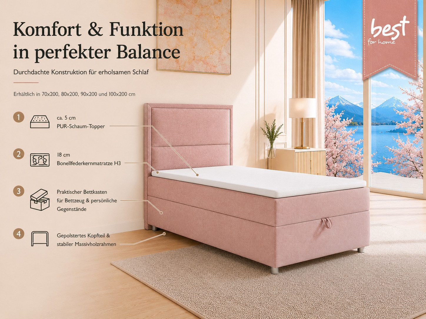 Best for Home Boxspringbett K-11 SINGLE mit Bettkasten, Bonellfederkern, Komfort Topper H3 (Hotelbett, Einzelbett, Kinderbett, Juniorbett, 5-St., 70x200 80x200 90x200 100x200 cm), Einzelbett mit integriertem Stauraum, gepolstertem Kopfteil