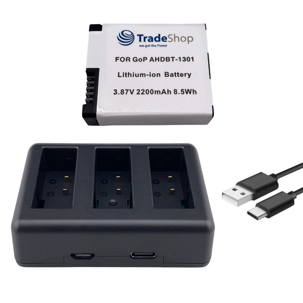 2in1 Set passend für GoPro AHDBT-1301PR CPSS1B - Triple Ladegerät + Kamera-Akku