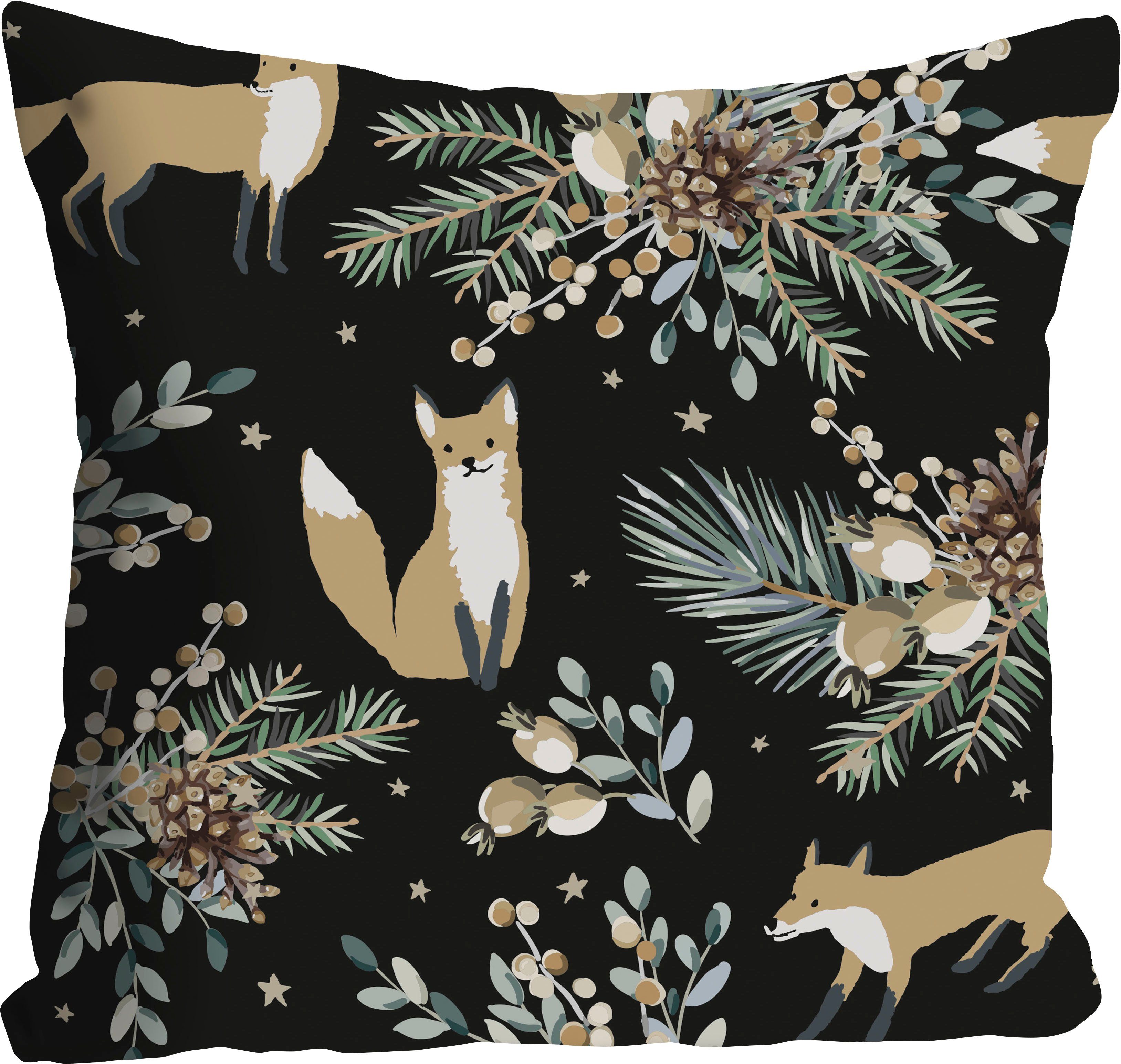 queence Dekokissen Alice, Kissenhülle,Füchse,Tier,Tiermotiv,Blumen,Schwarz,Minimalistisch,Natur