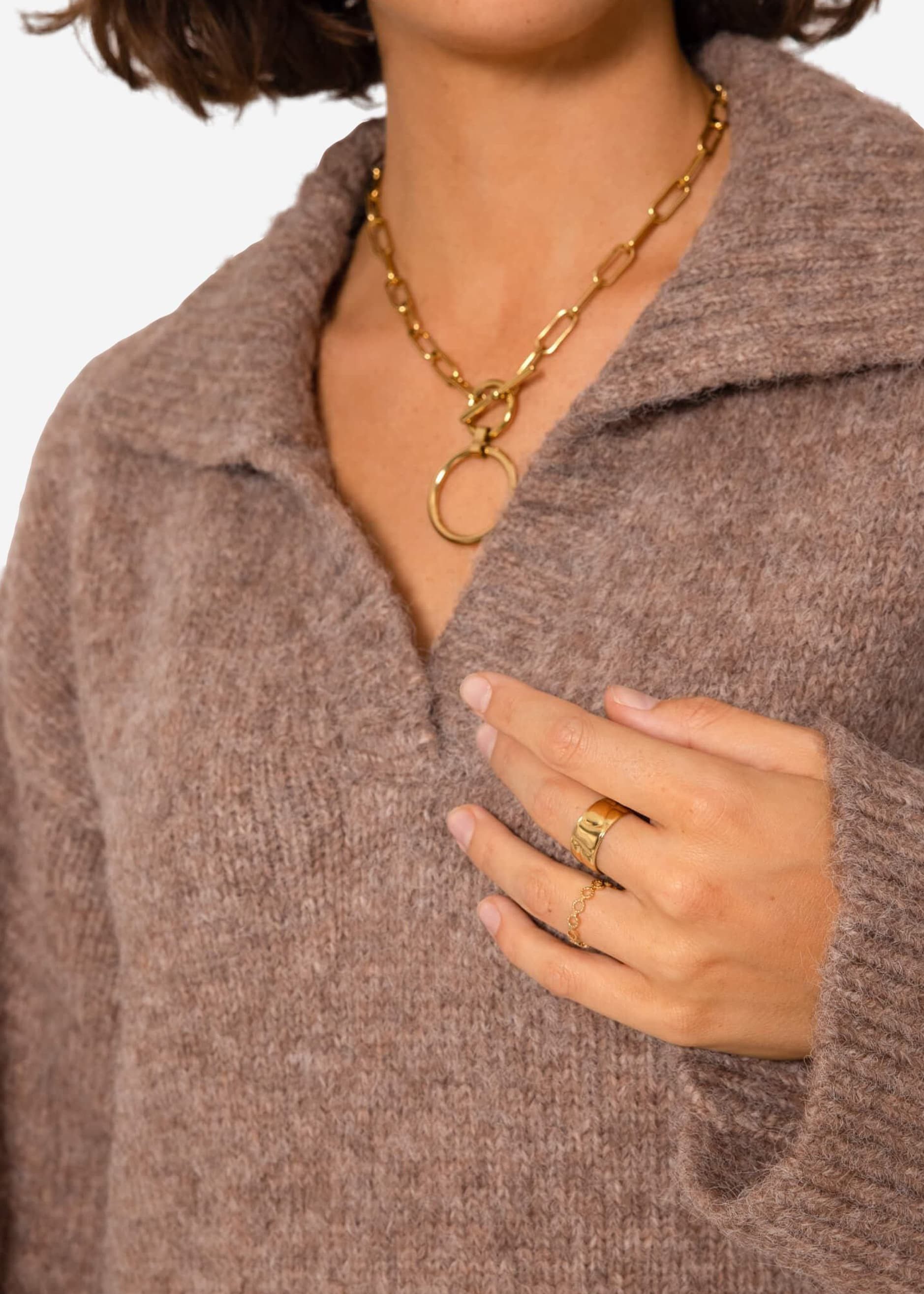 SASSYCLASSY Strickpullover Oversize Damen Pullover mit Kragen Oversize Strickpullover Damen Grau Beige Taupe