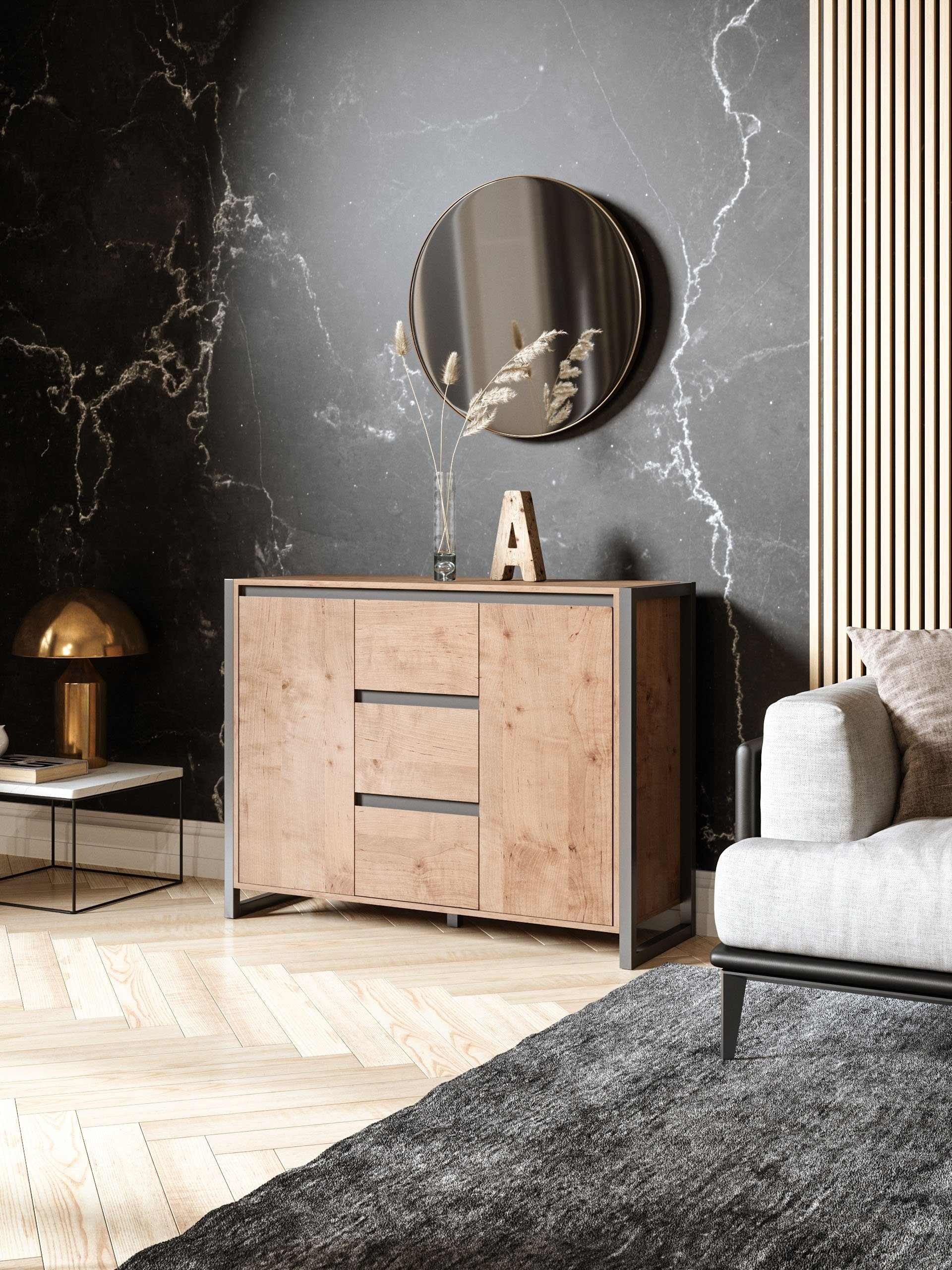 Newroom Kommode Vincent, Wildeiche Sideboard Vintage Industrial Highboard Anrichte Wohnzimmer