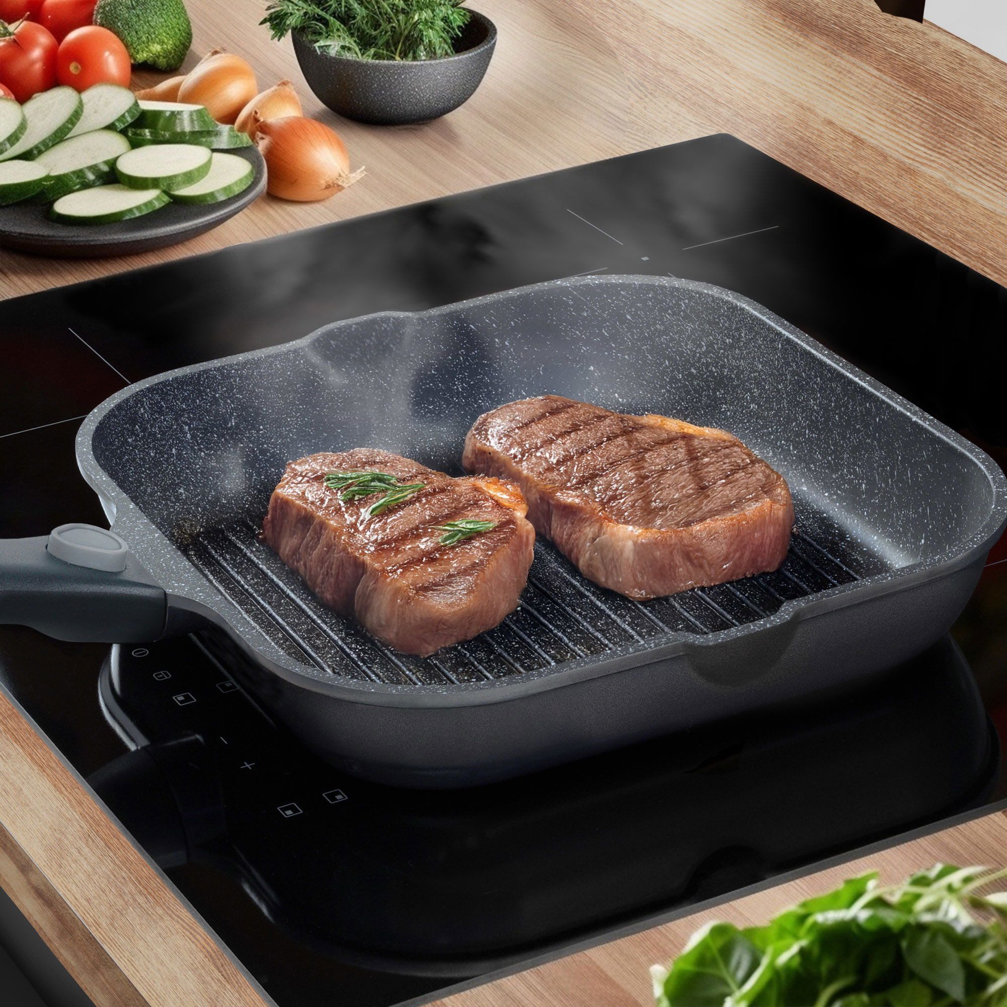 STONELINE Grillpfanne mit abnehmbarem Sicherheitsgriff mit echten Steinpartikeln, Aluminiumguss (1-tlg), mit echten Steinpartikeln, induktionsgeeignet, Designed in Germany