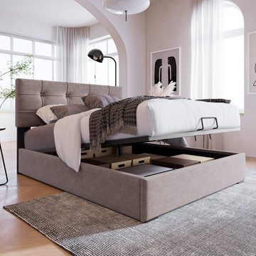 SOFTWEARY Polsterbett (Einzelbett mit Lattenrost und Bettkasten, 90x200 cm), gepolsterter Kopfteil höhenverstellbar, Bezug aus Samt