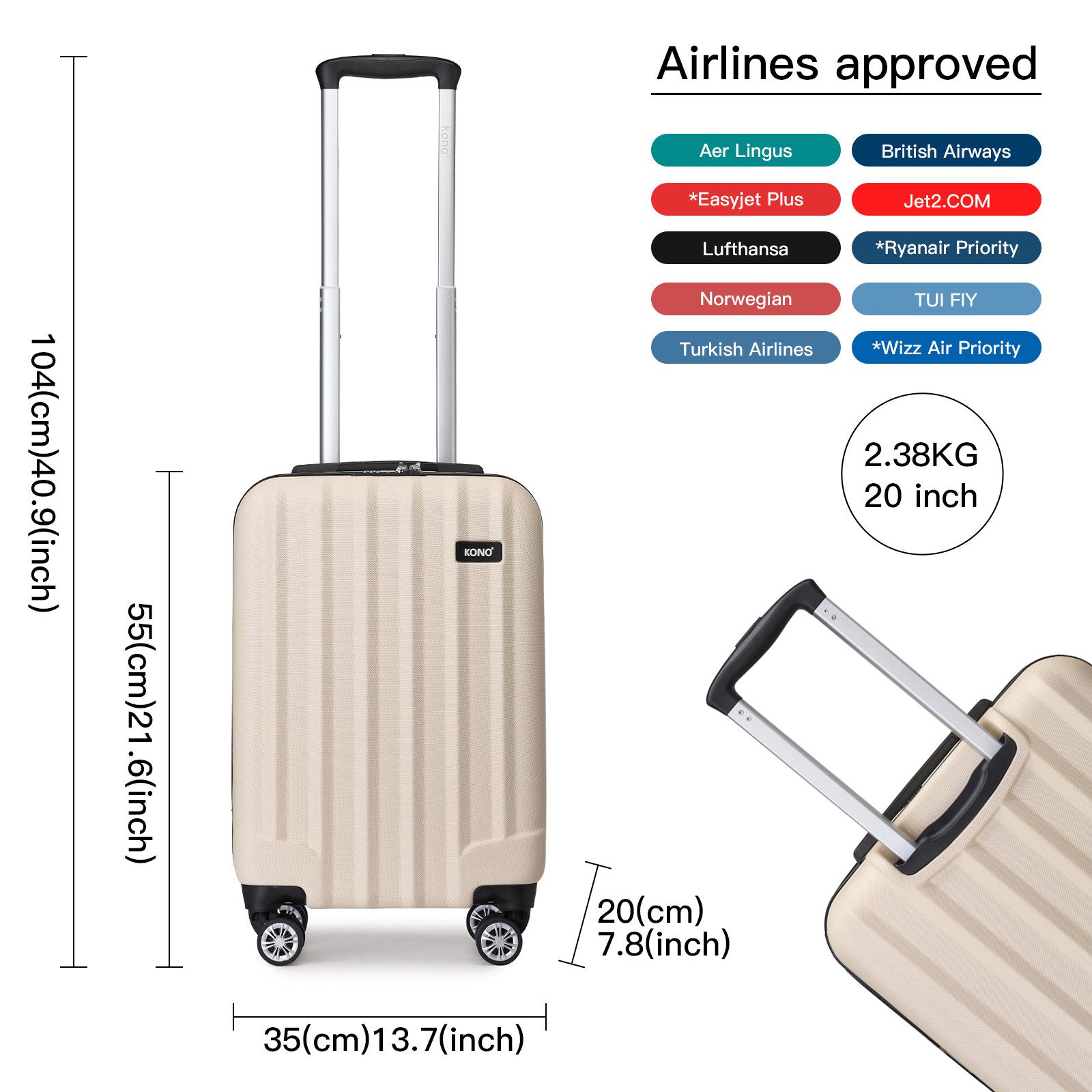 KONO Hartschalen-Trolley Hartschalen Trolley Koffer mit 4 Rollen und Zahlenschloss –Reisekoffer