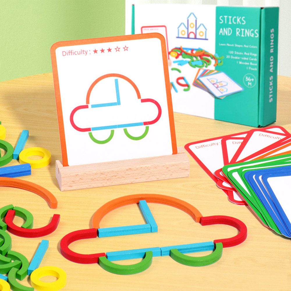 Flintry Lernspielzeug Konstruktionsspiel mit Stäben und Ringen in Puzzleform,Holzstapelspiel, Montessori-Spielzeug,Holz-Lernspiel zum Bauen von Buchstaben – Bild 2 von 5