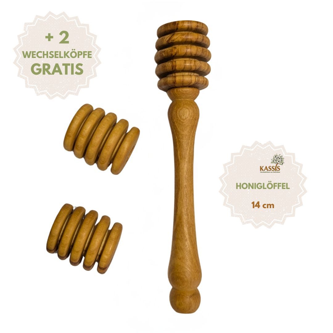 Kassis Geschenkartikel Servierlöffel Olivenholz Honiglöffel mit zwei Ersatzköpfen Honigdreher Teezubehör, Handgefertigt in Bethlehem, Honigheber für Teeliebhaber, Honigspirale