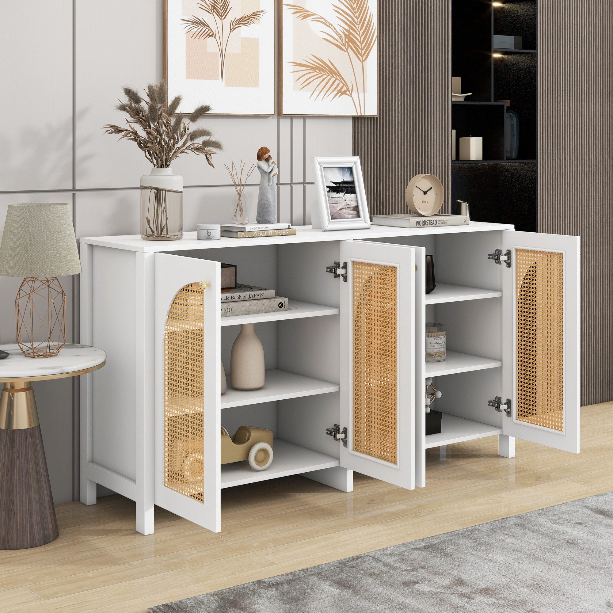 Flieks Sideboard (1 St., 145x40x80 cm), Anrichte mit 4 Rattantür Wohnzimmerschrank Kommode Weiß