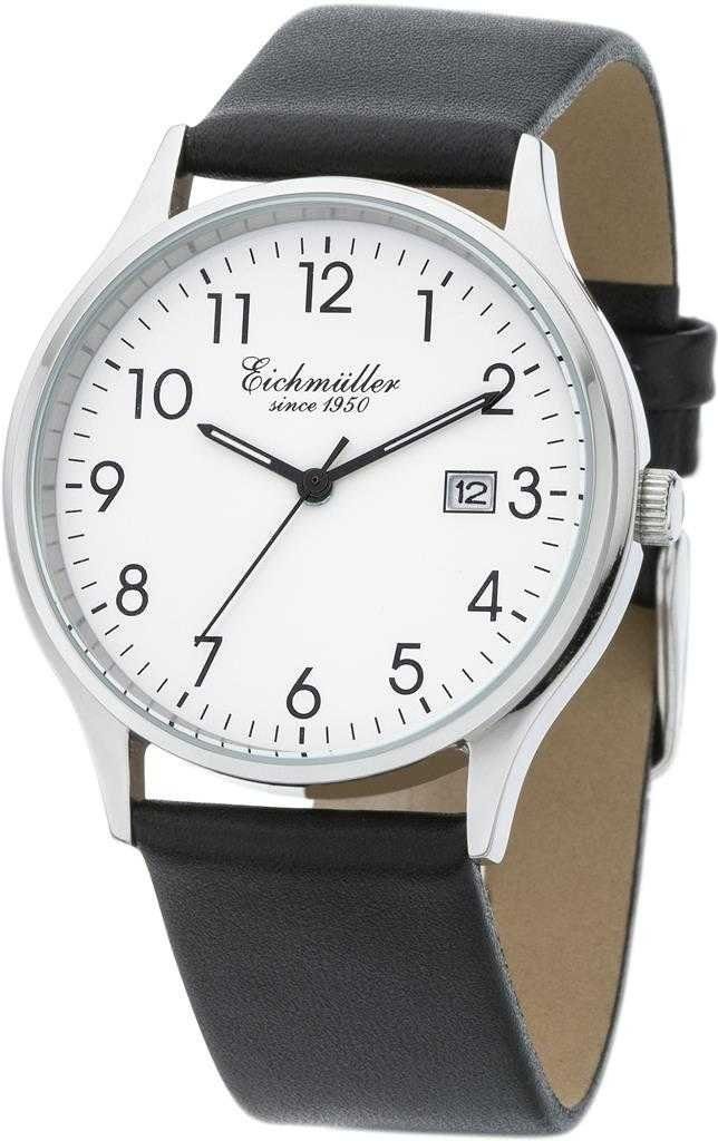 Eichmüller Quarzuhr Herrenuhr Edelstahl-Gehäuse 38 mm Weißes Zifferblatt 3051-01, Schwarzes Lederarmband, Klassische Uhr für Business und Freizeit