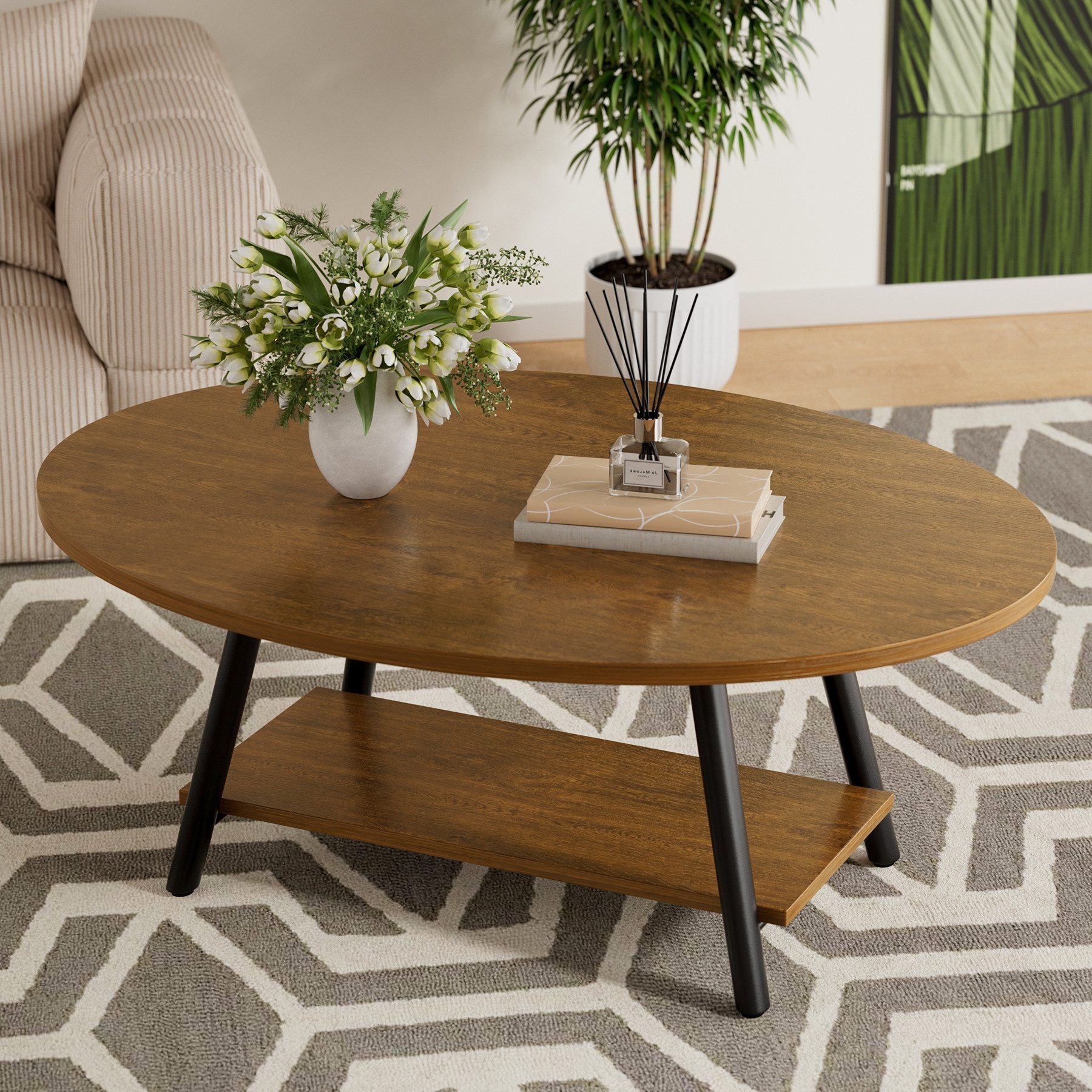 HawthyHome Couchtisch ovaler 2-stöckiger Beistelltisch mit Stauraum, 101 x 60 cm (1-St), Moderner Massivholztisch, ideal für Wohnzimmer und Schlafzimmer