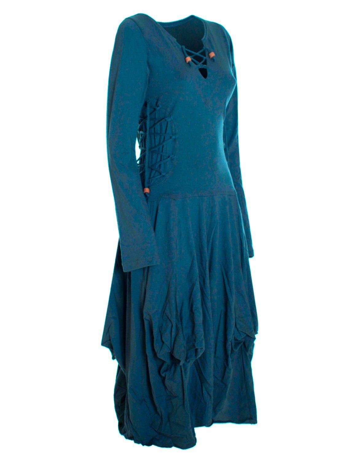 Vishes Midikleid Langes Langarm Bio Ballonkleid einfarbig mit Schnürung V-Ausschnitt Hippie, Elfen, Festag, Style