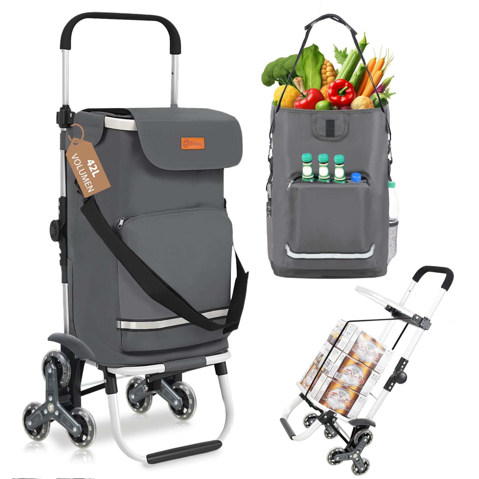 Sekey Einkaufstrolley Klappbarer Einkaufswagen mit Kühlfach, Treppensteiger Trolley 3 in 1, 42 l, Faltbarer Einkaufswagen inkl. Einkaufschip und Spanngurt