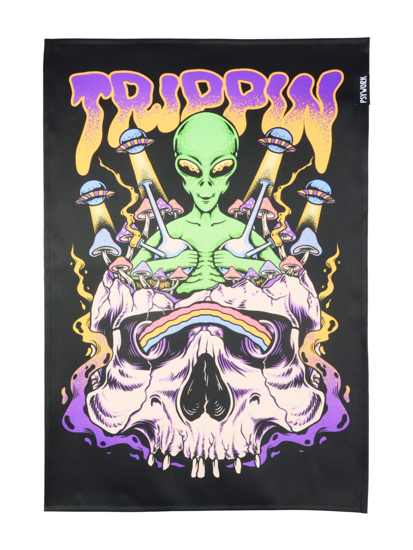 PSYWORK Poster PSYWORK Schwarzlicht Stoffposter Neon "Trippin Alien", 40x60cm, UV-aktiv, leuchtet unter Schwarzlicht