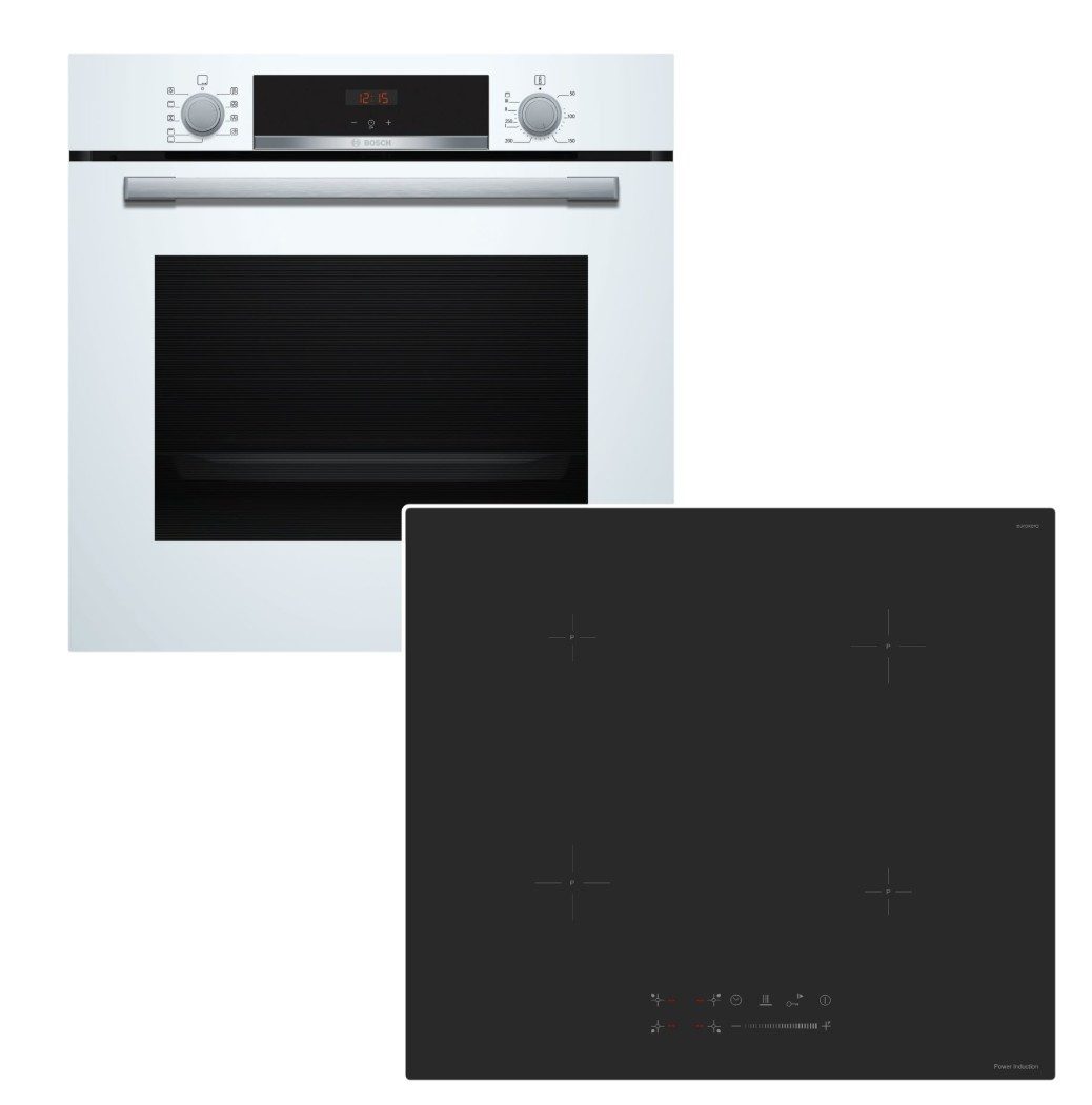BOSCH Backofen-Set Backofen weiß Hydrolyse+keenberk Induktionskochfeld 60cm blackMatt NEU, mit Nein, Hydrolyse EcoClean Direct