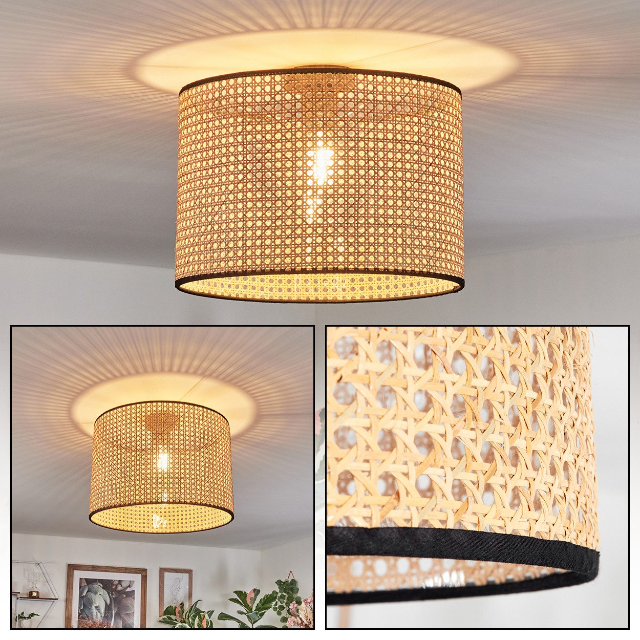 hofstein Deckenleuchte Deckenlampe aus Metall/Rattan/Stoff in Schwarz/Natur günstig online kaufen