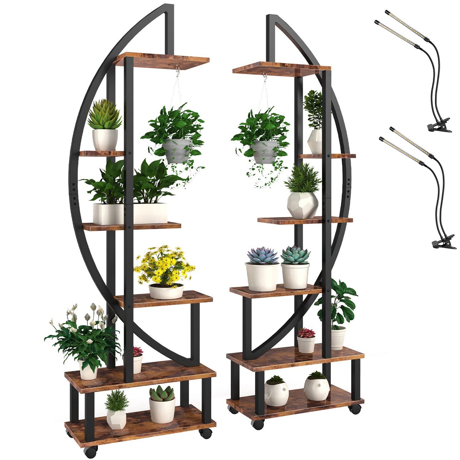 Lapamax Pflanzentreppe Halbmondform Pflanzenständer 6 Etagen Blumenregal mit Wachstumslicht, Großes Pflanzenregalhalter und abnehmbare Räder Blumentopfständer