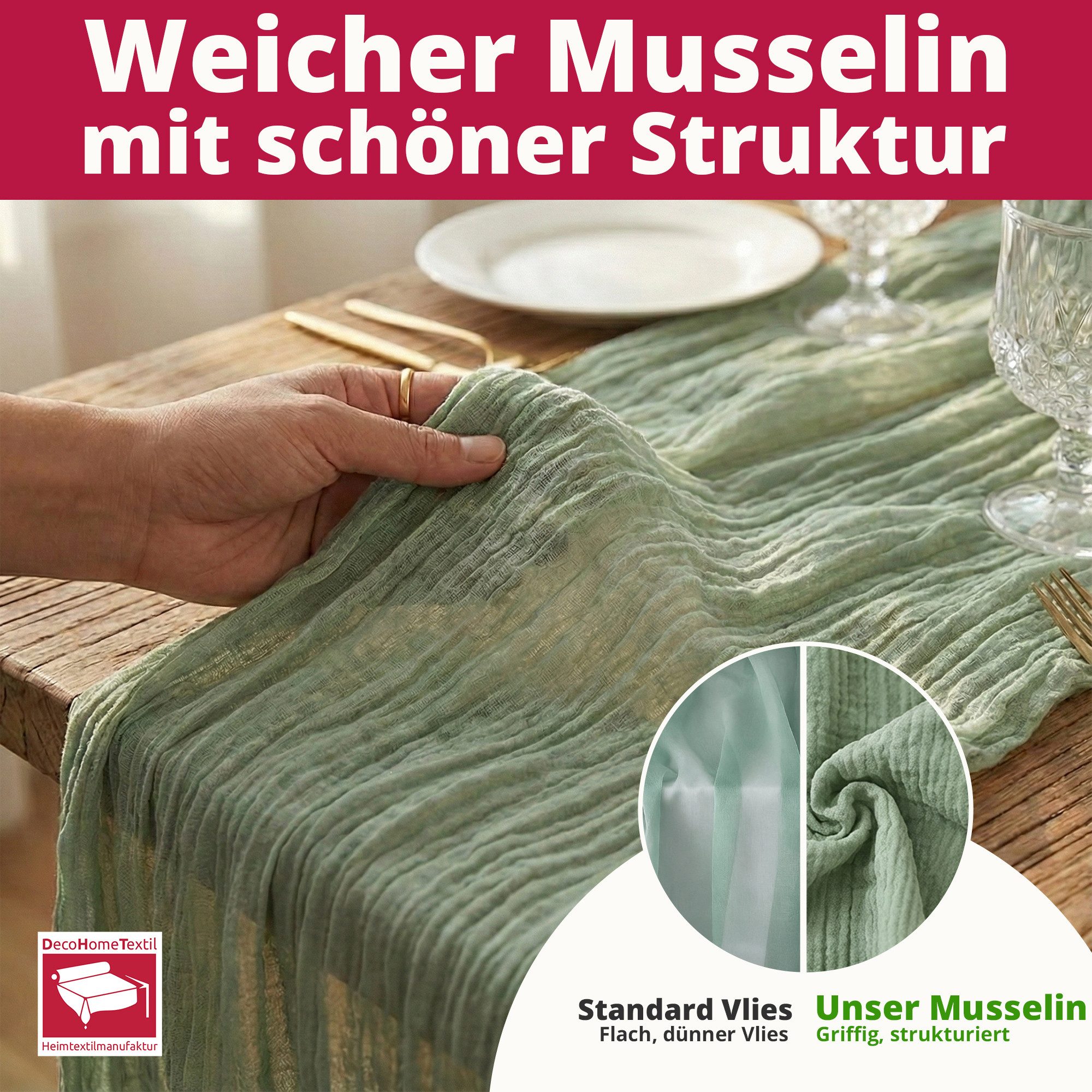 DecoHomeTextil Heimtextilmanufaktur Tischläufer Musselin Tischläufer 80 x 300 cm Weicher Gaze Stoff mit Faltenoptik (1-tlg)