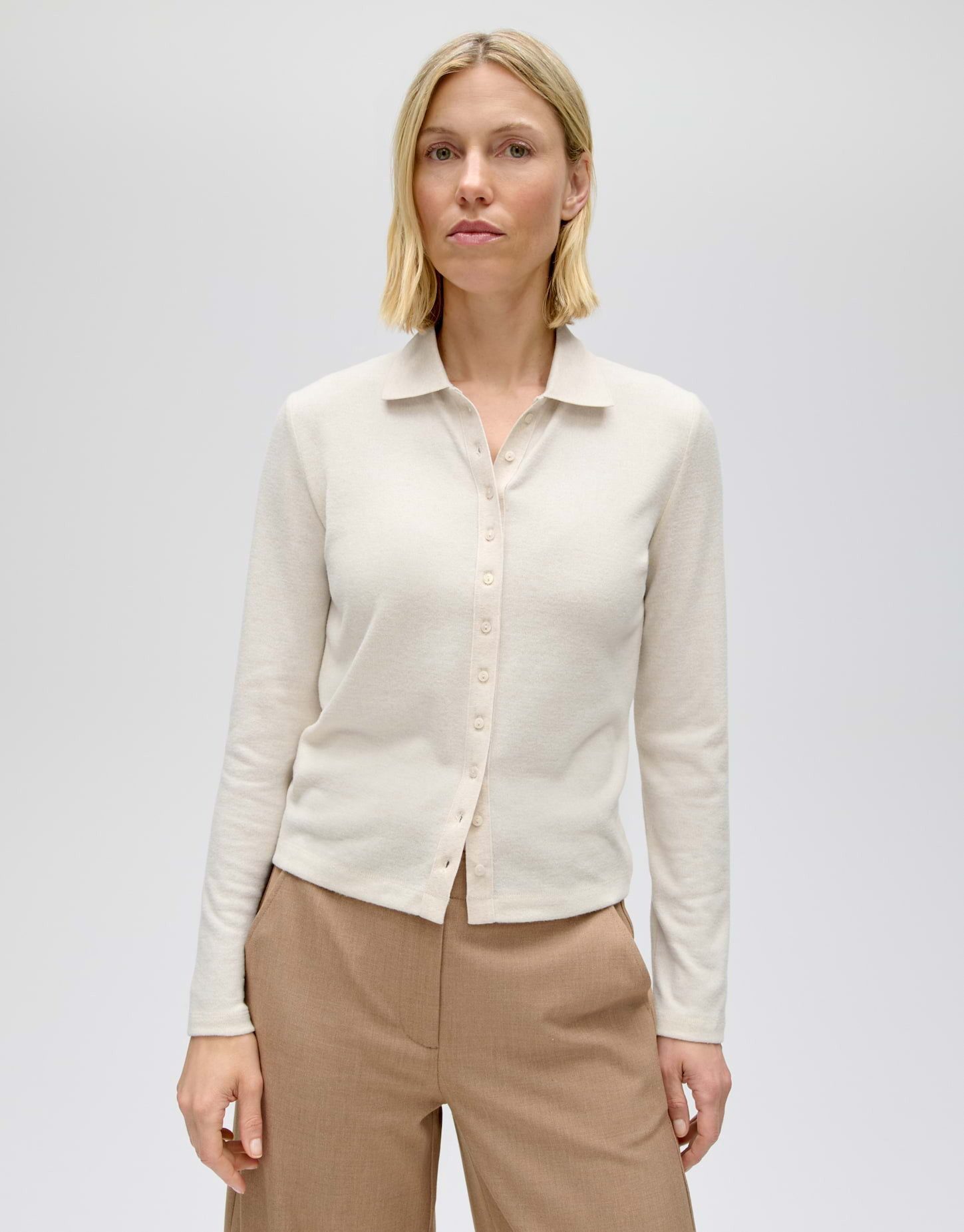 OPUS Langarm-Poloshirt Sugimi aus Jersey mit Mélange-Effekt Figurbetonte Form mit Polokragen und gerippten Bündchen