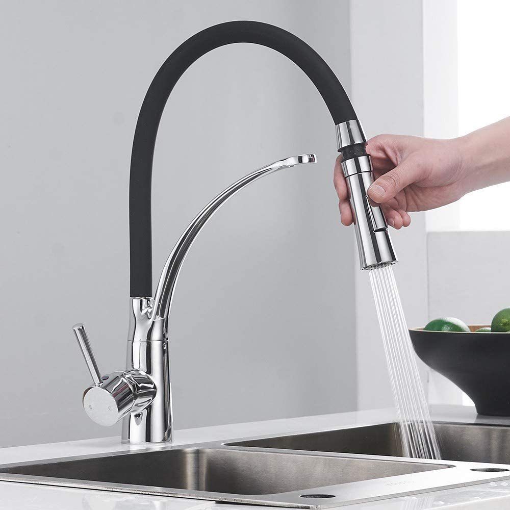 XERSEK Küchenarmatur Wasserhahn Küchen Silikonschlauch 1 Hochdruck Wasser Höhe Schwarz kaltes und 400mm,Messing,Dual-Spülbrause,heißes Mischbatterie Schwarz