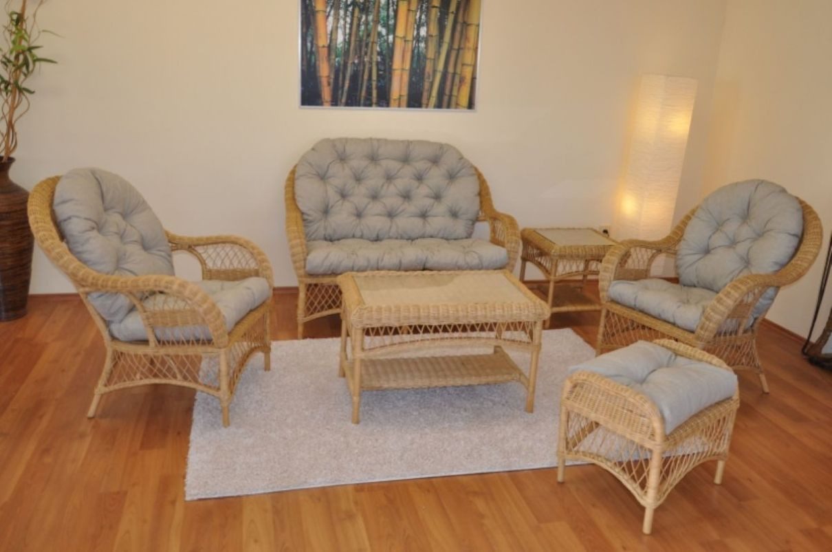 Rattani Rattanstuhl Große Rattangarnitur Rattangruppe Florida Fb. honig, Set Rattansofa, 2 Rattensessel, 2 Rattantische, Hocker