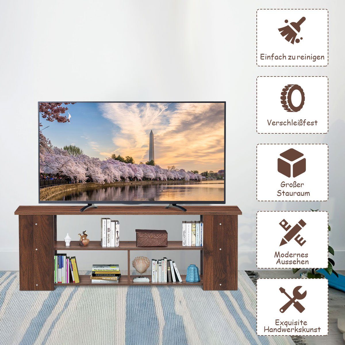 COSTWAY TV-Schrank Fernsehschrank 110cm Kaffee breit 3-stufig