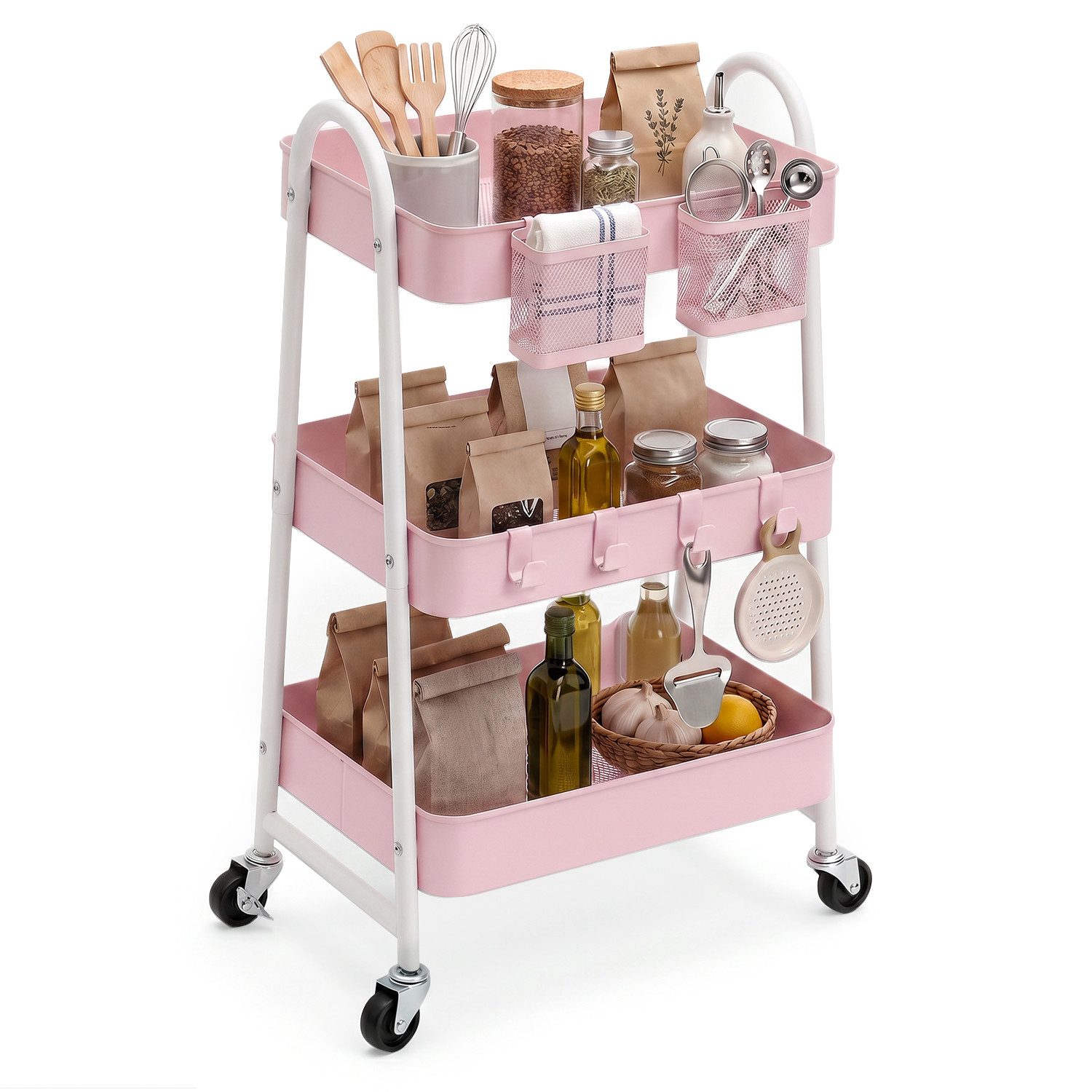 Sekey Rollwagen Küche 30 cm Breit Servierwagen mit Rollen Metall, 2 Körben & 4 Haken, Rosa, Küchenwagen aus Metall, 31 x 44 x 78 cm