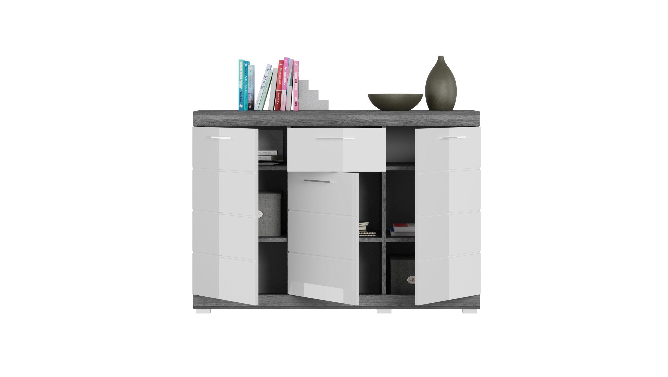 xonox.home Kommode Scout, Weiß Hochglanz Rauchsilber Modern 120x85x37 cm