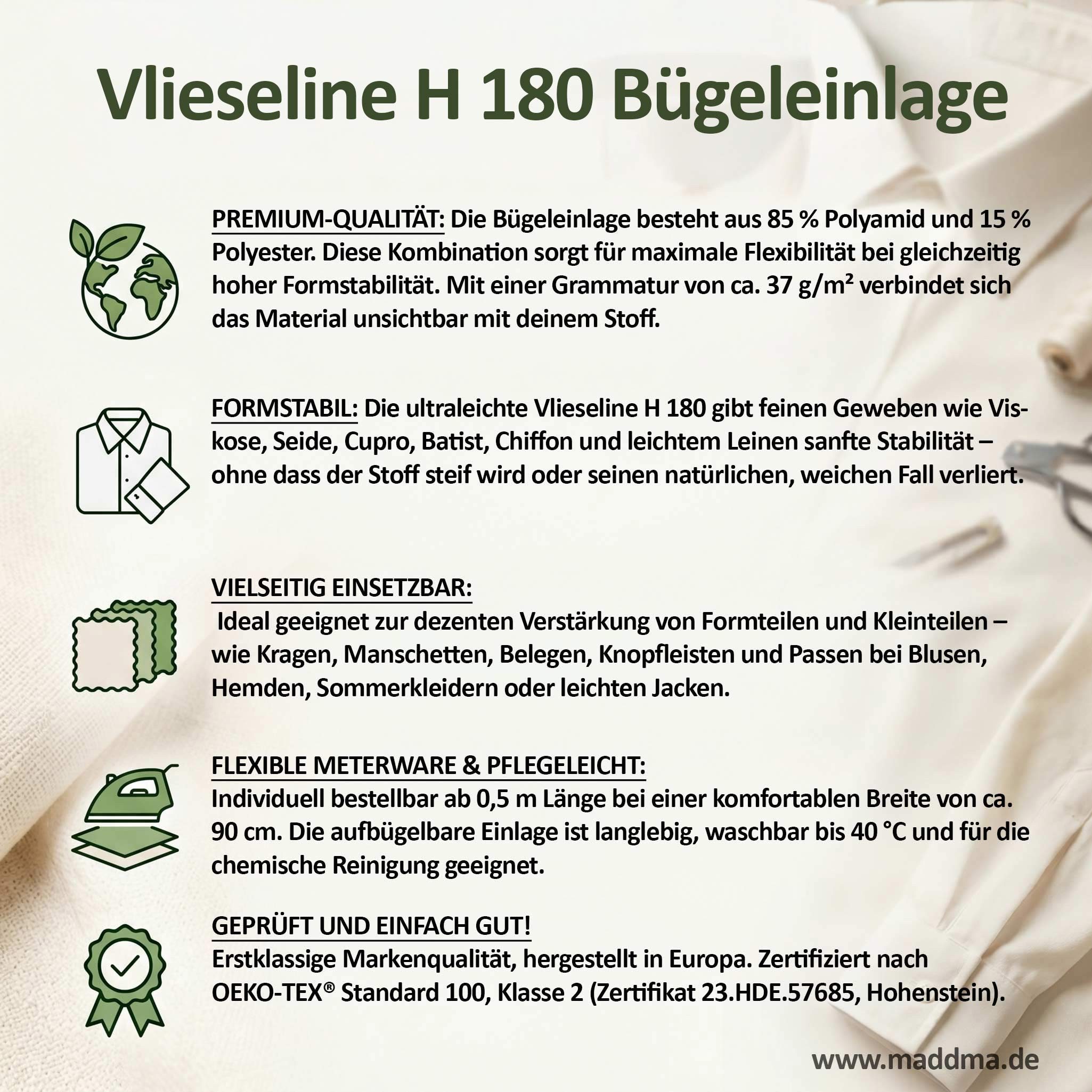 maDDma Stoff Vlieseline H180 leichte Bügeleinlage 1/2 Meterware, 90 cm breit, weiß – Bild 4 von 5