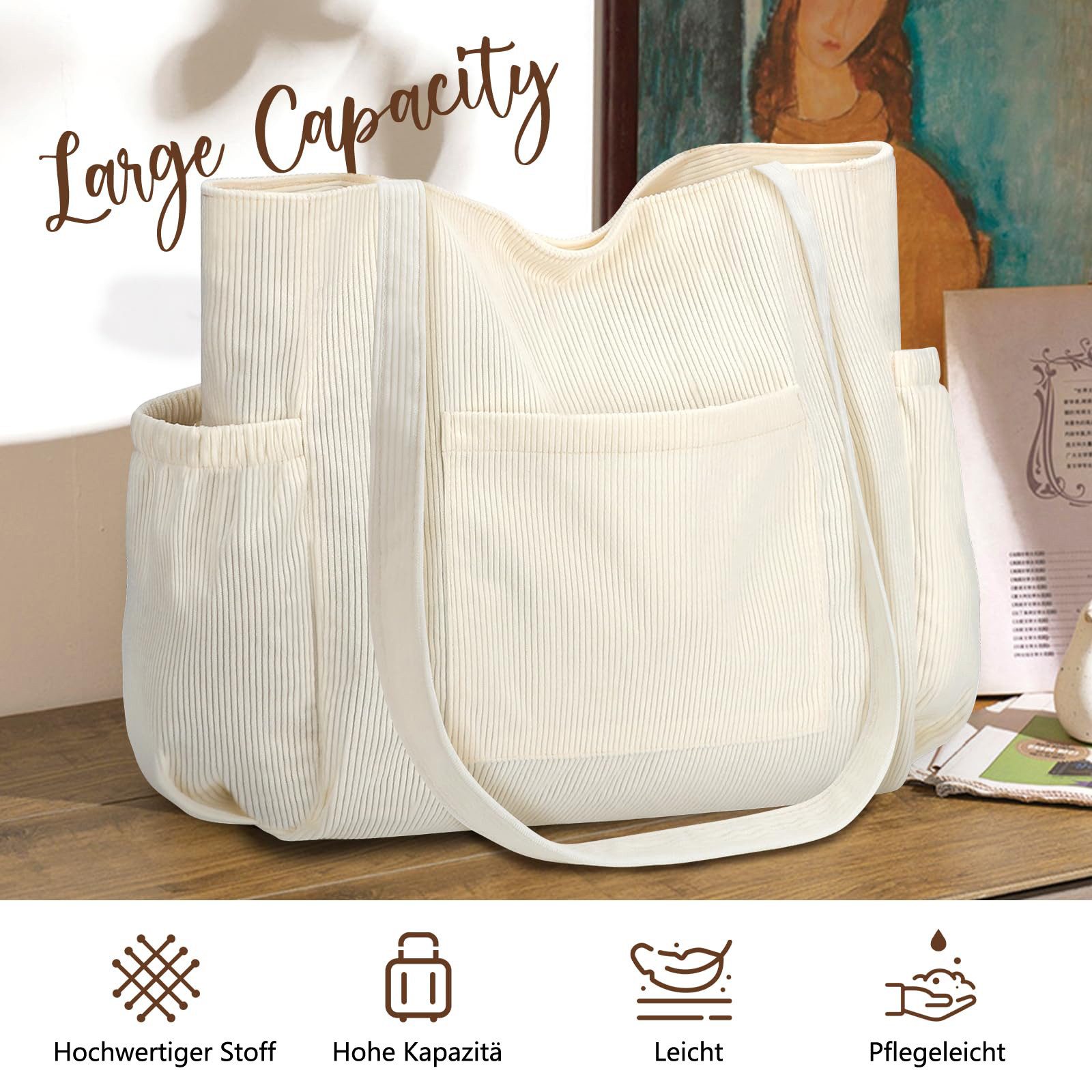 nsihing Umhängetasche Cord Tasche Damen, Groß Tote Bag Strandtasche mit Reißverschluss, Shopper Tasche, Elegant Handtasche für Arbeit Schule Gym – Bild 4 von 5