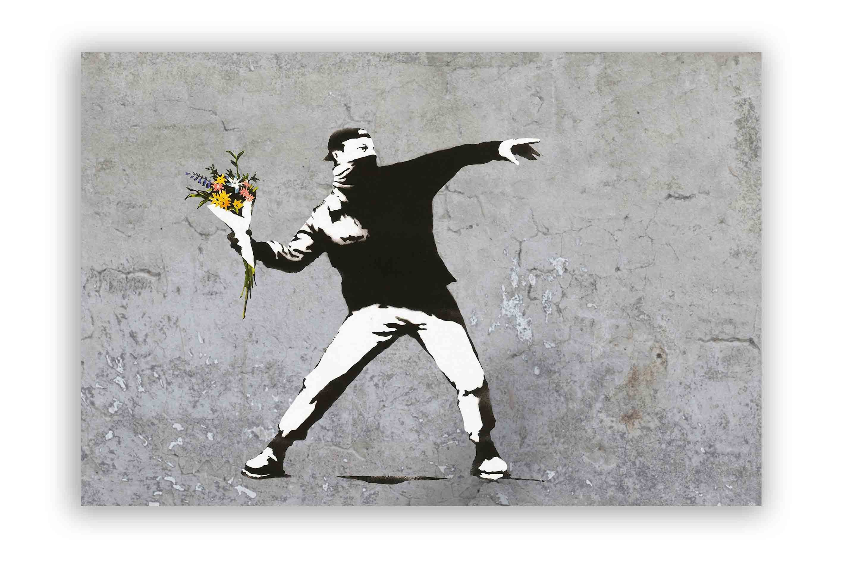 Leinwando Gemälde Banksy Blumenwerfer Grau hochkant Leinwandbild streetart Graffiti
