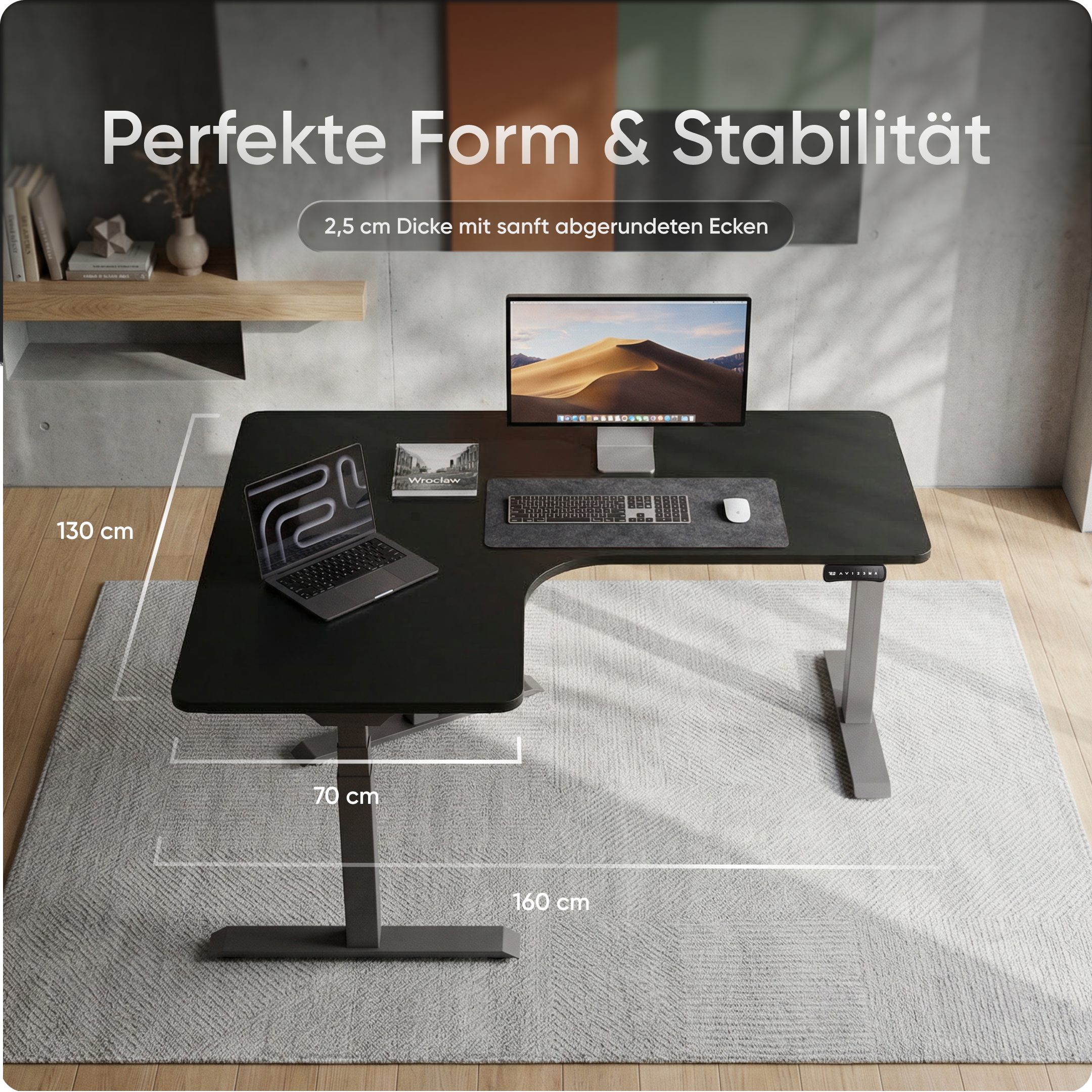 DESKSPACE Schreibtischplatte Eck Tischplatte 160x130x70cm massive Holzplatte für Schreibtisch