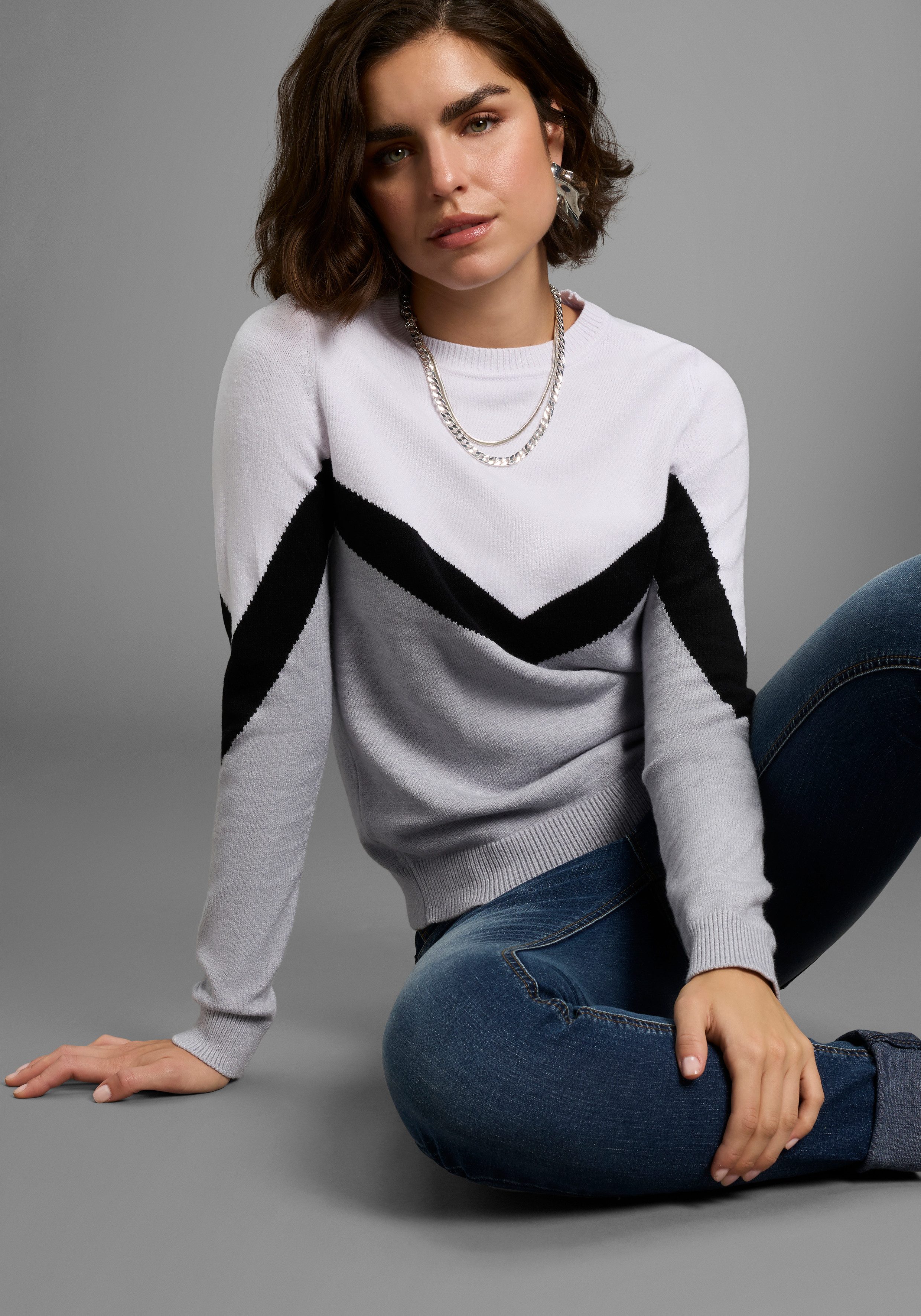 Laura Scott Rundhalspullover Übergangspullover mit lässigem Streifenmuster günstig online kaufen