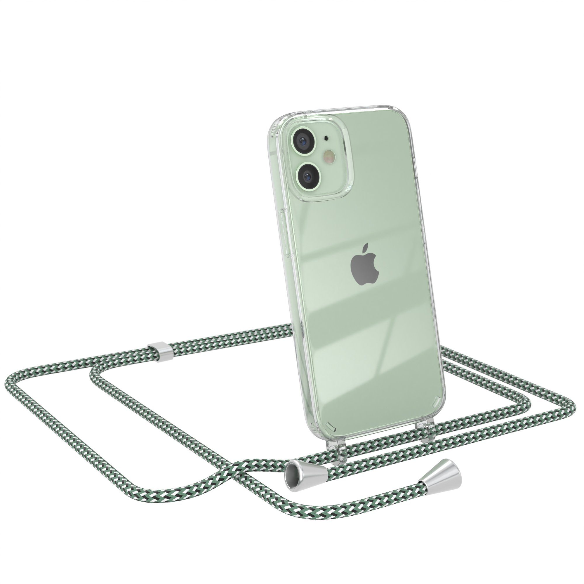 EAZY CASE Handykette Hülle mit Kette für Apple iPhone 12 Mini 5,4 Zoll, Kettenhülle zum Umhängen Tasche Cross Bag Handykordel Cover Grün Weiß