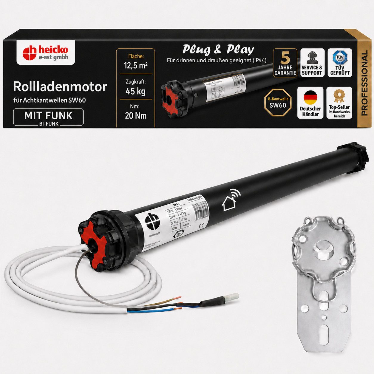 heicko e-ast GmbH Rollladenmotor Rolladenmotor Professional 42Nm SW60 mit Funk, Rohrmotor SW60, 20 Nm, max. 45 kg Zugkraft, mechanisch
