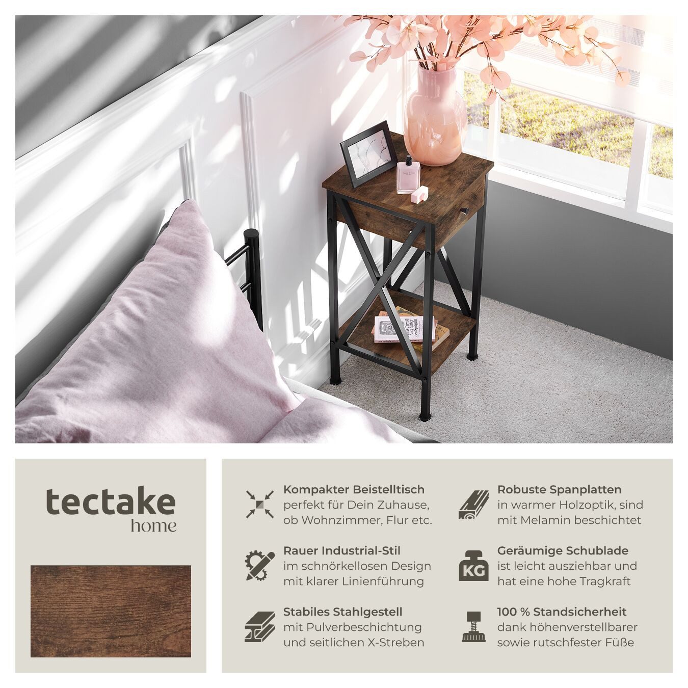 tectake Beistelltisch Dayton (1-St., 1 tlg), Stilvoller Beistelltisch im kantigen Industrie-Look