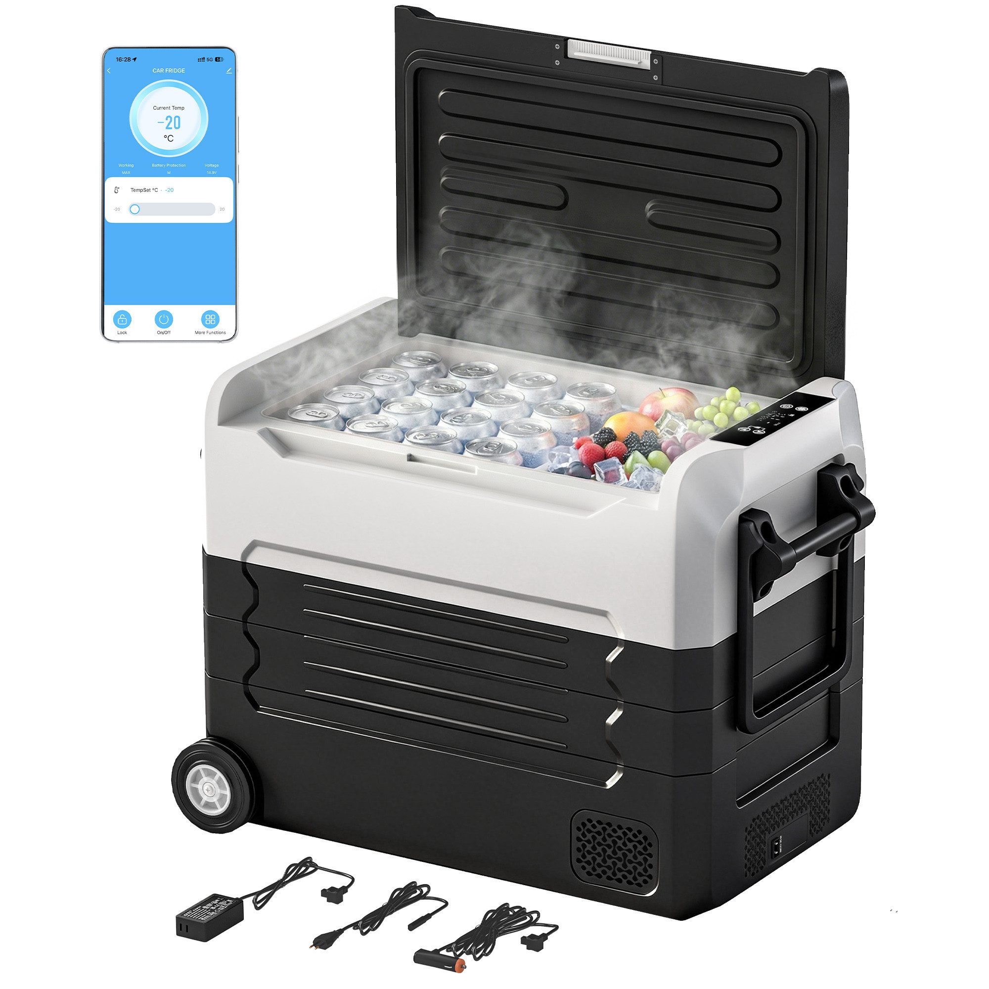 kowdom Kühlbox Kompressor 50L Dual Zone 12V/230V für Auto und Camping, 50 l, Bluetooth, Display, LED-Beleuchtung, Tragegriff klappbar, Rollen