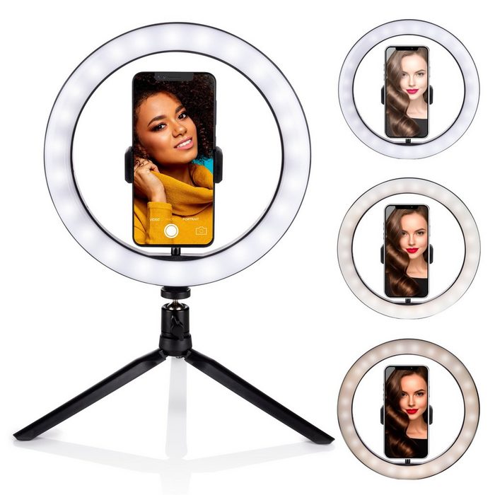 Grundig Selfie-Stick Handy Selfie Ringlicht Stativ Instagram Lampe Handyhalter beleuchtet USB powered 120 LED adjustable light flexible neck with tripod