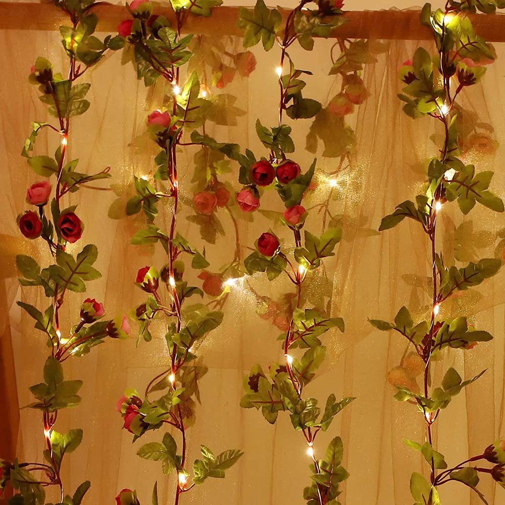 Valentinstag Party Seide Schlafzimmer Lichterketten,30 für Hochzeit Blumen, LED LEDs,2 M,Künstliche Rosnek Girlanden Deko Rose LED-Girlande Dunkelrosa