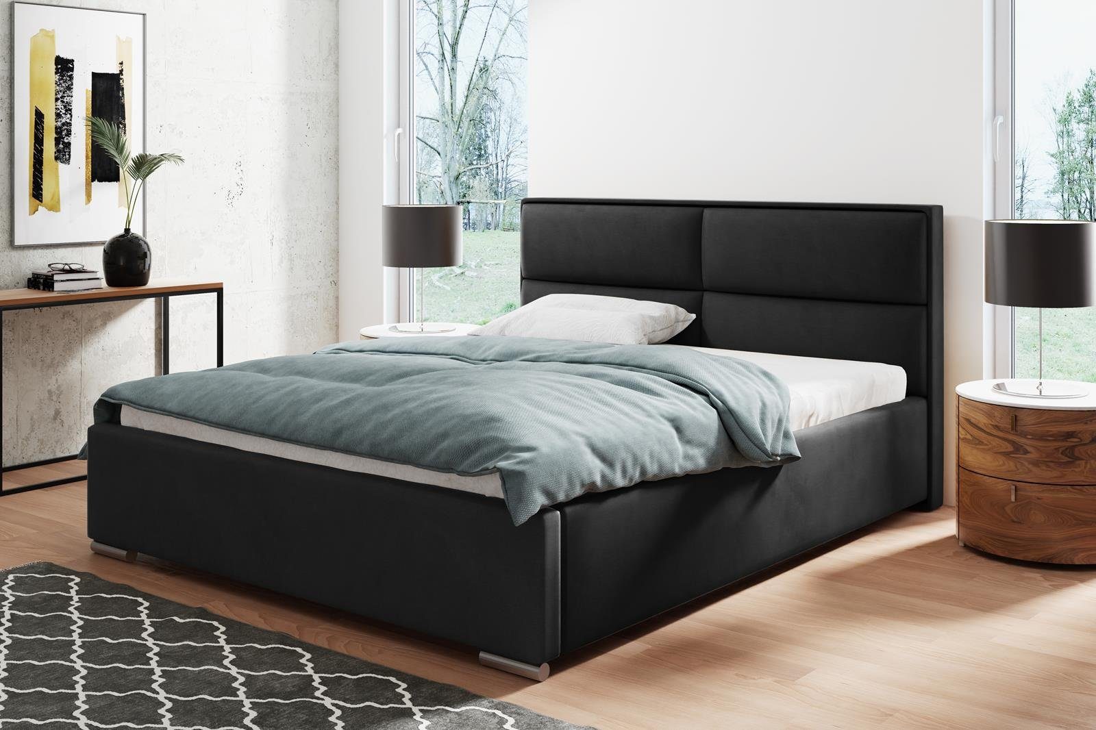 Beautysofa Polsterbett Duo (Doppelbett aus Velourstoff, mit große Bettkasten, gelb / schwarz / blau / grün / grau / rosa), mit Metallrahmen und Gaszylinder Schwarz (kronos 07)