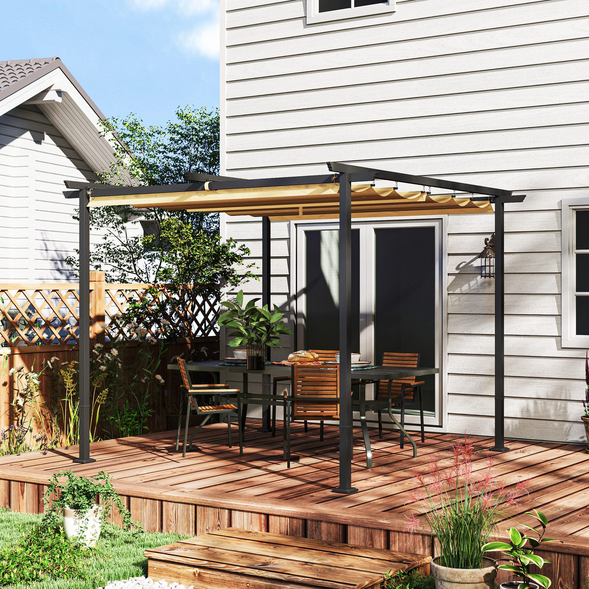 Outsunny Pergola aus Metall, mit Verstellbares Dach, UV Schutz 30+, (Terrassendachung, 1-tlg., Gartenpavillon), Freistehender Sonnenschutz für Terrasse und Garten, Beige