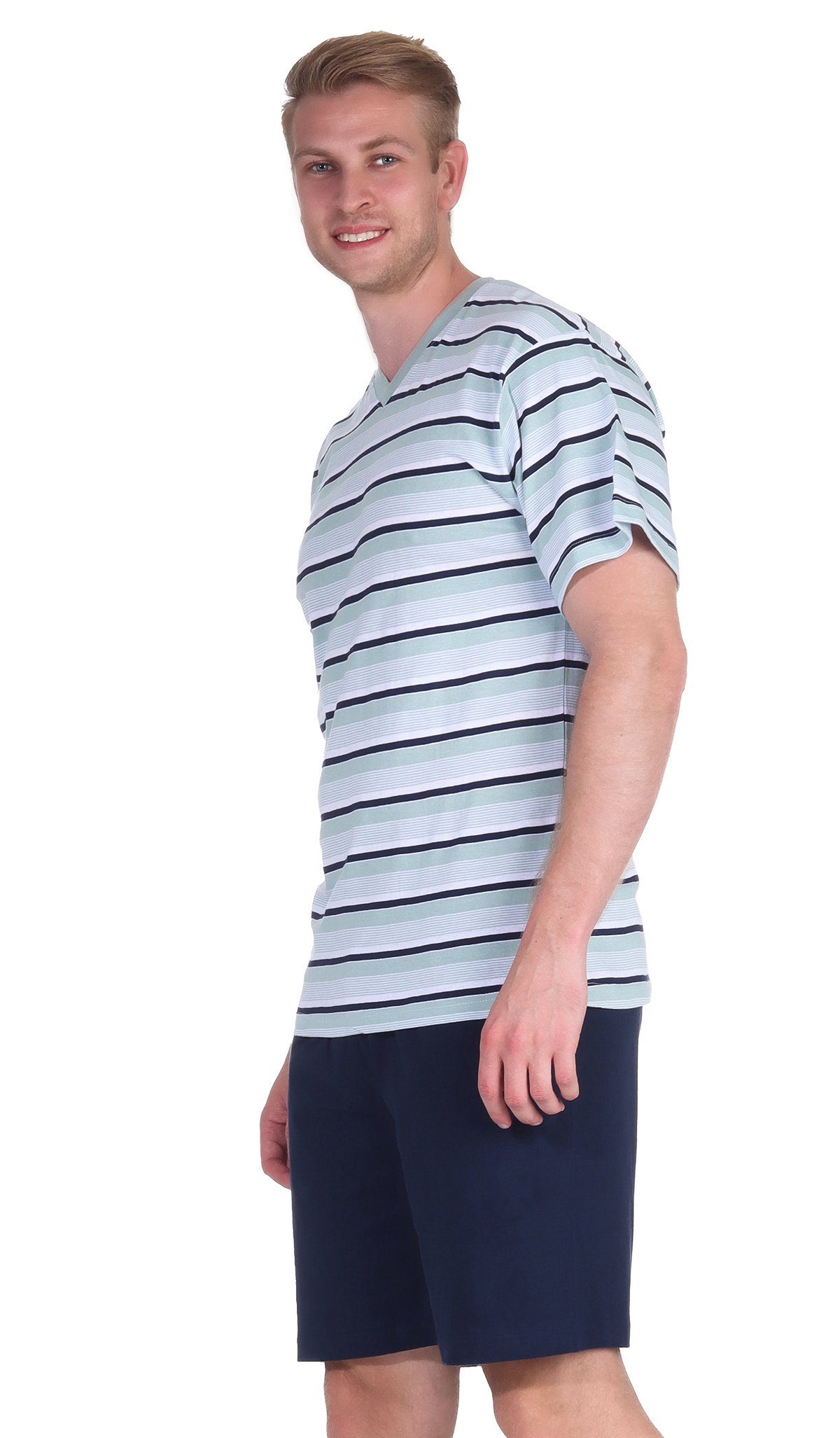 V-Ausschnitt 100% Herren Shorty Baumwolle Moonline mit Kurzarm Shorty Single-Jersey Aqua Schlafanzug