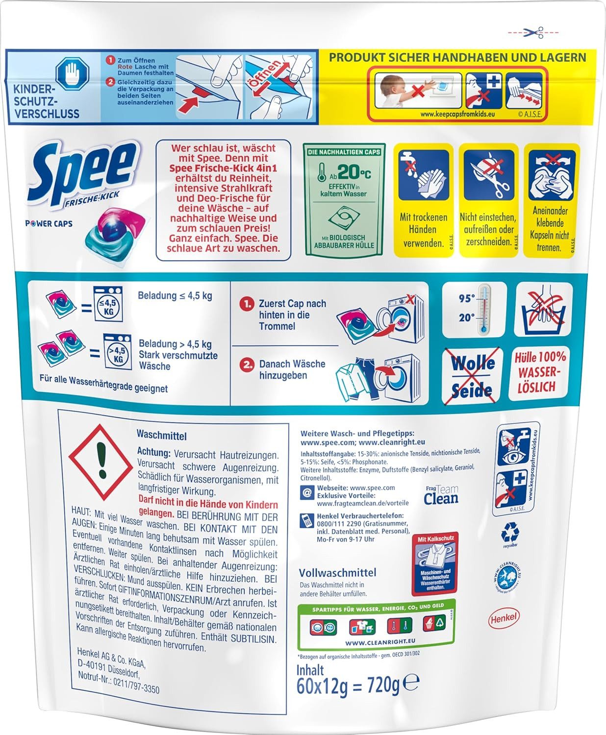 Spee 1x Spee Power Caps Deo-Frische Frische-Kick 120 (2x60 Waschladungen) Vollwaschmittel (1-St. 4 + 1 Formel bekämpft Alltagsgerüche, für Temperaturen von 20° - 95° C)