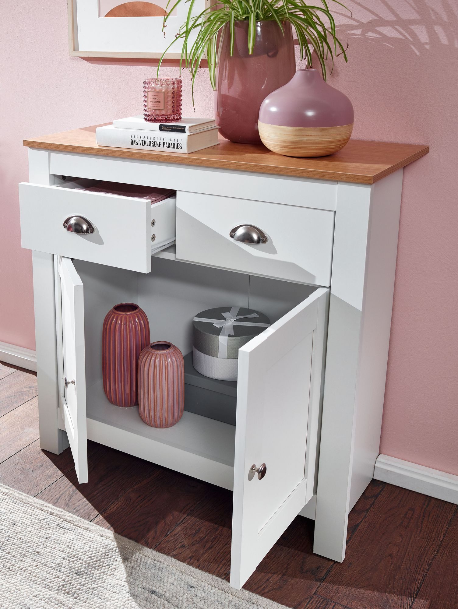 FINEBUY Sideboard FB72120 MDF Weiß - Eiche 80cm Kommode mit 2 Schubladen & 2 Türen (mit 2 Schubladen 79x81x34,5 cm Kommode Weiß Eiche), Anrichte Hoch mit Türen, Schubladenkommode